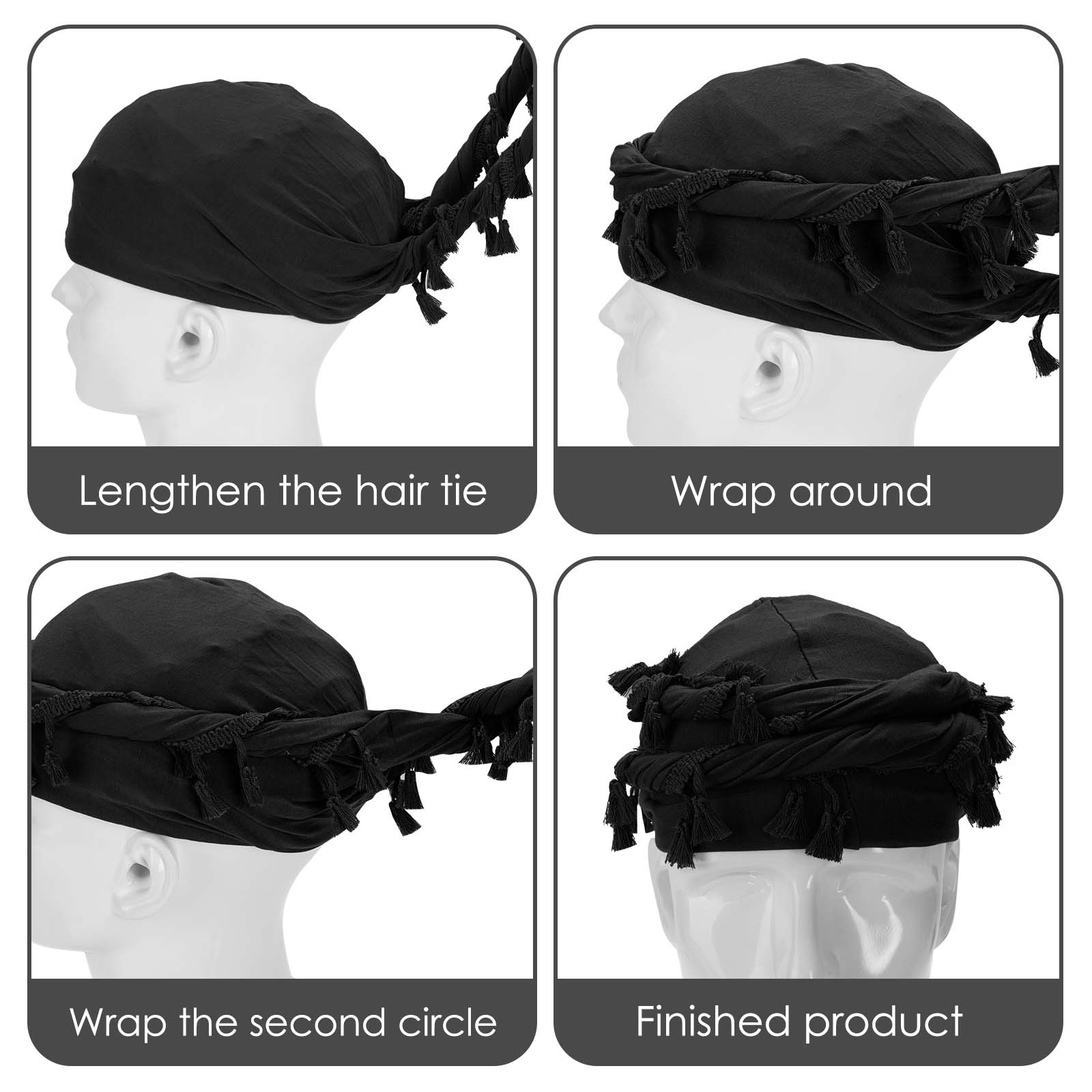 Cotton Durag Satin Lined Halo Turban Wraps, Unique Design Turban for Men & Women, Tassel Beanie for Causal Life (Black) - Image 5