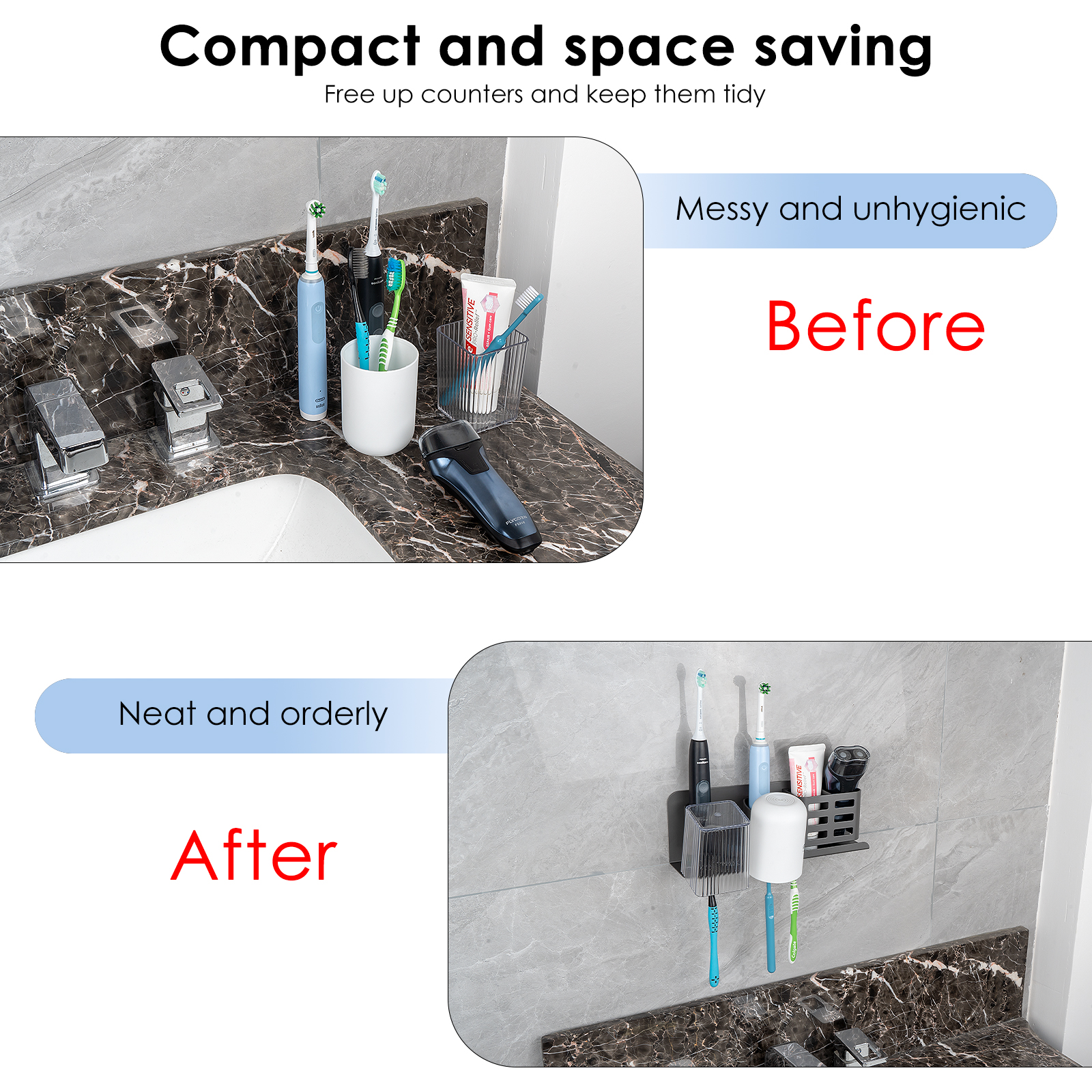 Aluminum Alloy Electric Toothbrush Holders, Wall Mounted Bathroom Organizers and Storage with 2 Slots, Multipurpose Bathroom Accessories Organizer for Toothpaste, Electric Razor (Grey) - Image 9