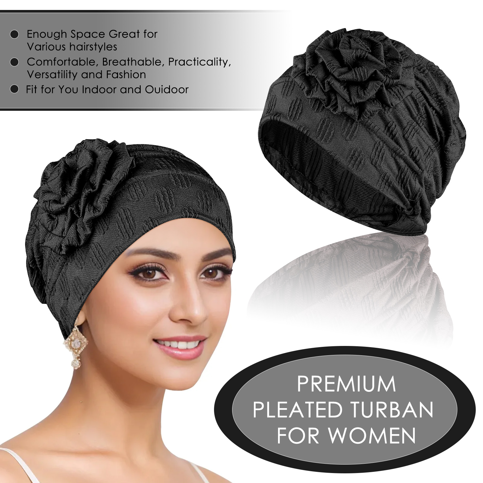 Stretch Turban Hats for Women, Beanie Headscarf Elastic Hats, Fashion Flower Knot Pre Tied Head Cap for Keep Hair Style Cap, Sleep Hat (Black) - Image 3