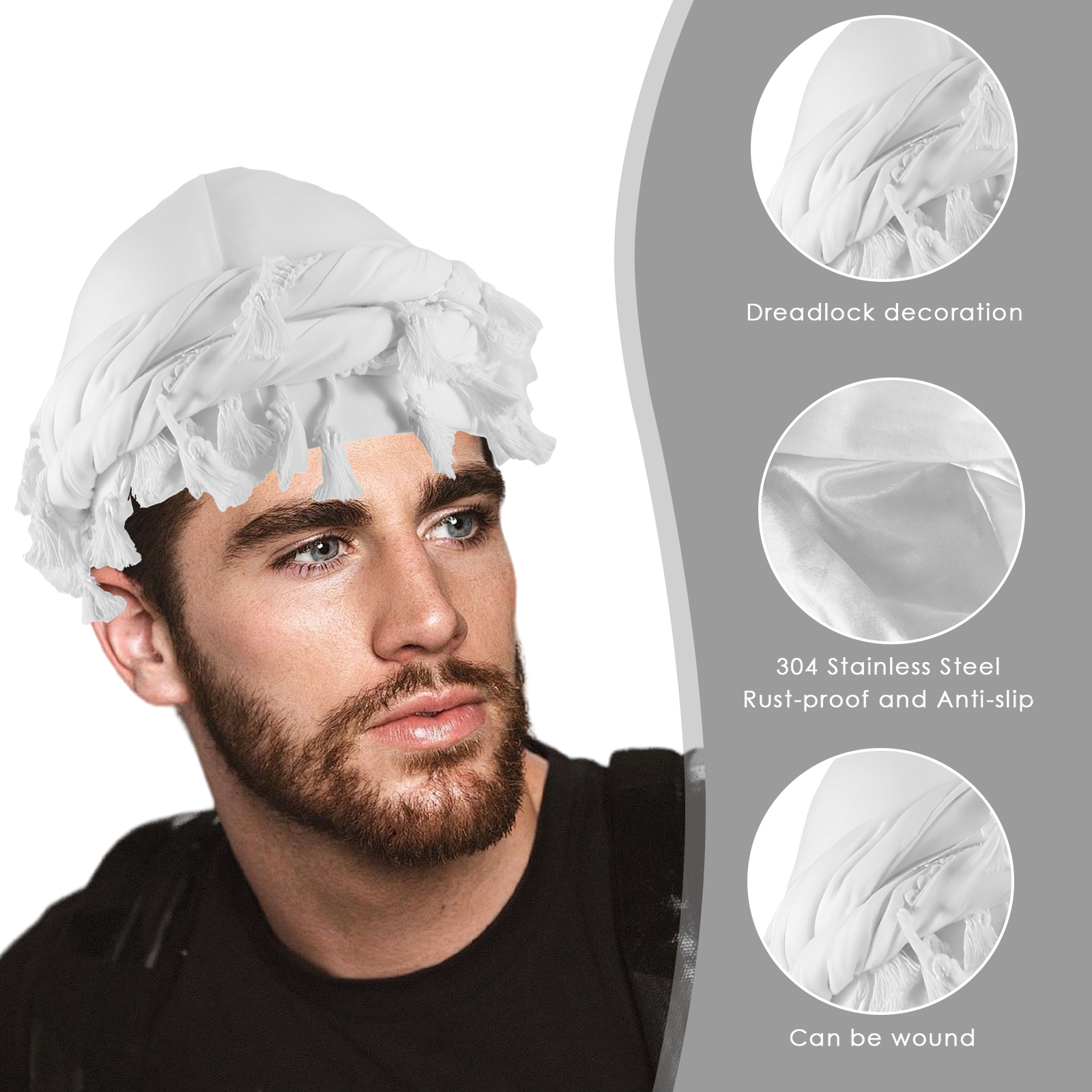Cotton Durag Satin Lined Halo Turban Wraps, Unique Design Turban for Men & Women, Tassel Beanie for Causal Life (White)