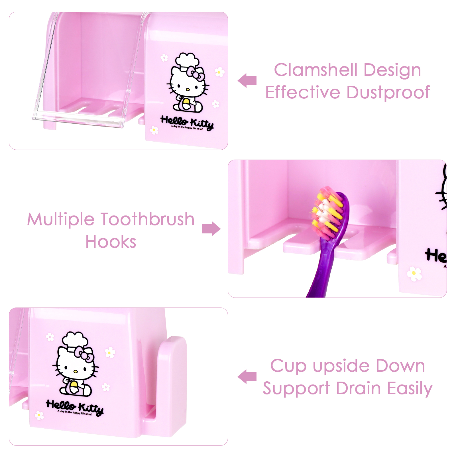 Wall Mounted Kids Toothbrush Holder with Cover, 3 Slots Hello Kitty Toothbrush Storage Organizer, Self Adhesive Toothbrush Toothpaste Hanger for Bathroom (Pink) - Image 3