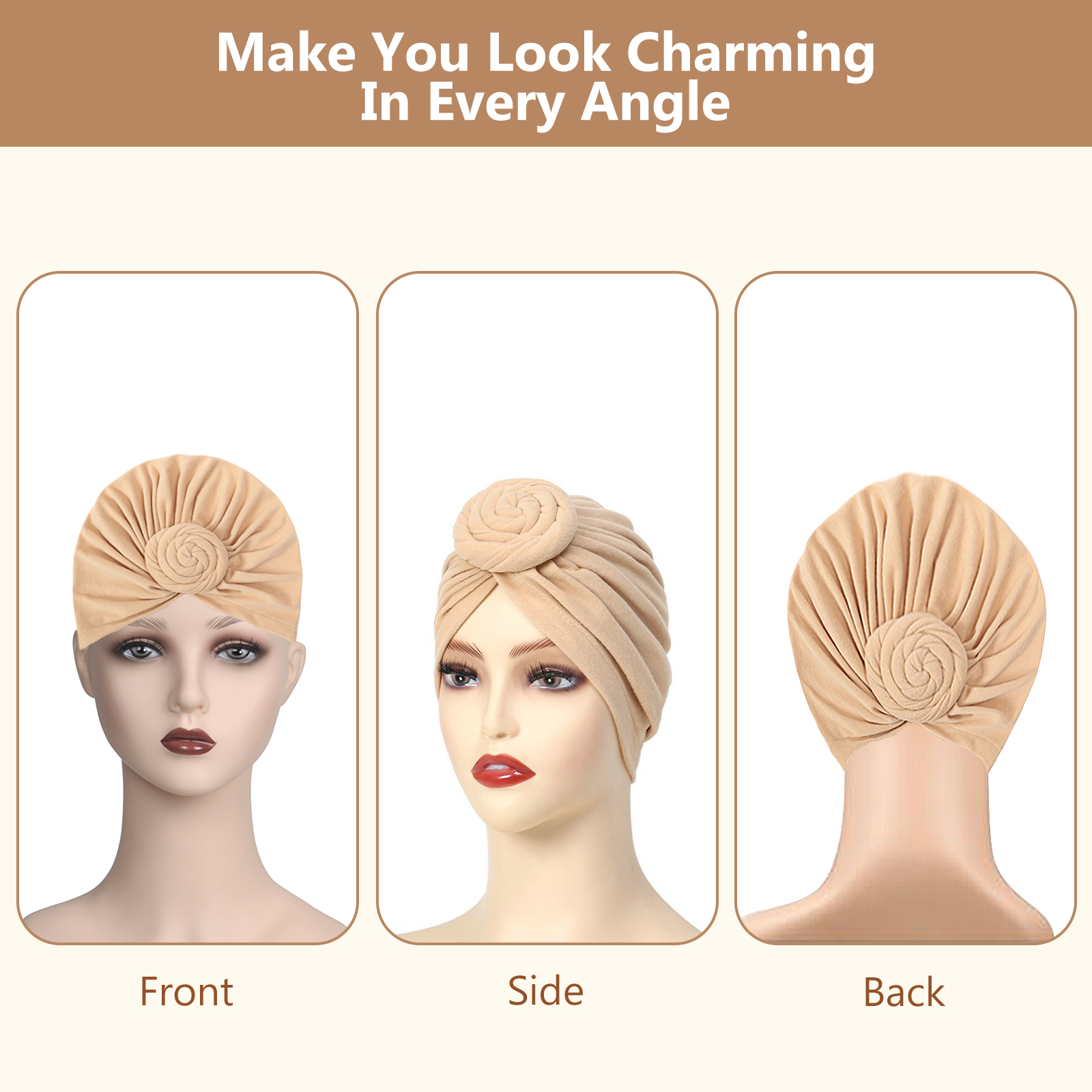 Stretch Turban Hats for Women, Reusable Washable Pre Tied Head Scarves, Soft Breathable Headwraps for Keep Hair Style Cap, Sleep Hat (Beige) - Image 6