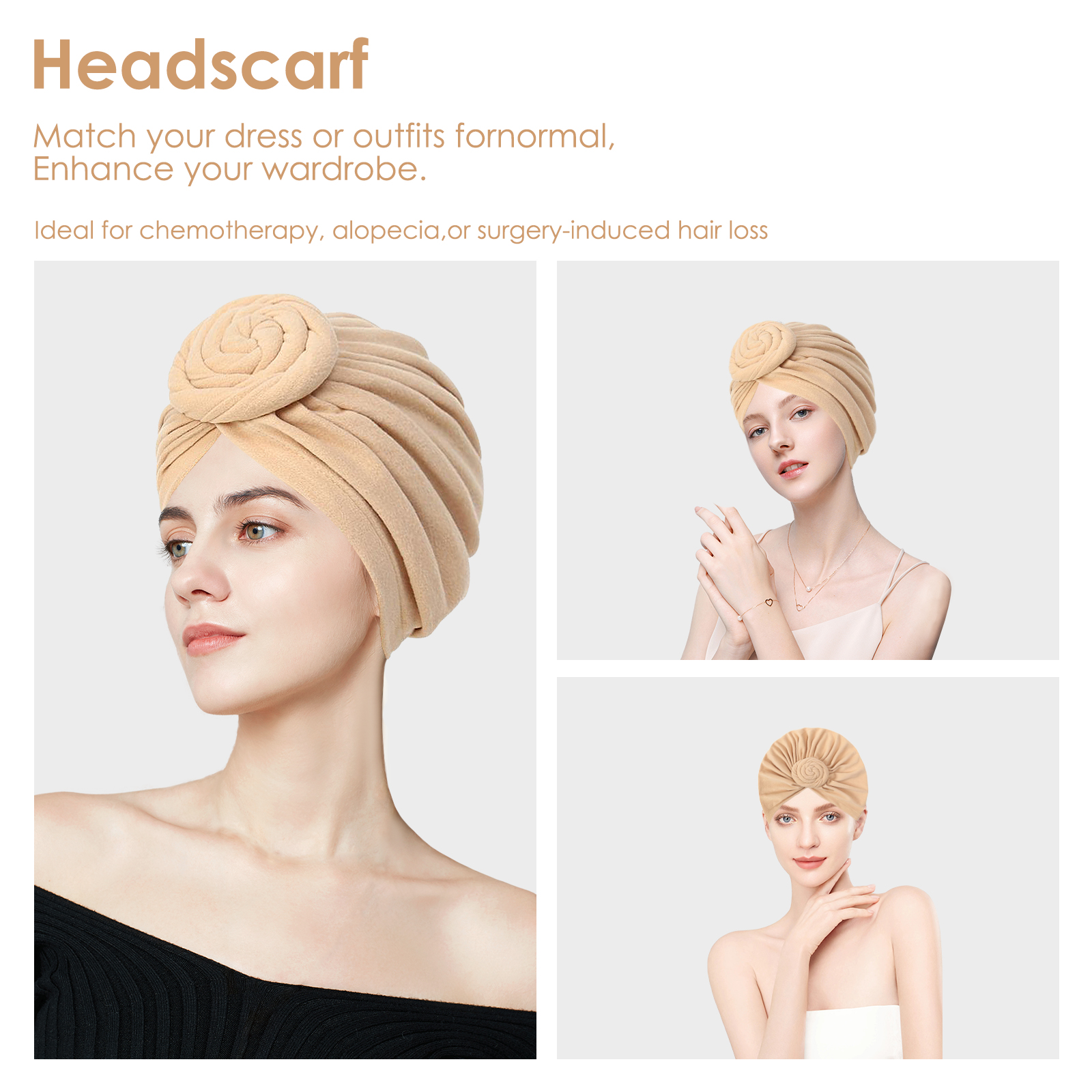 Stretch Turban Hats for Women, Reusable Washable Pre Tied Head Scarves, Soft Breathable Headwraps for Keep Hair Style Cap, Sleep Hat (Beige) - Image 4