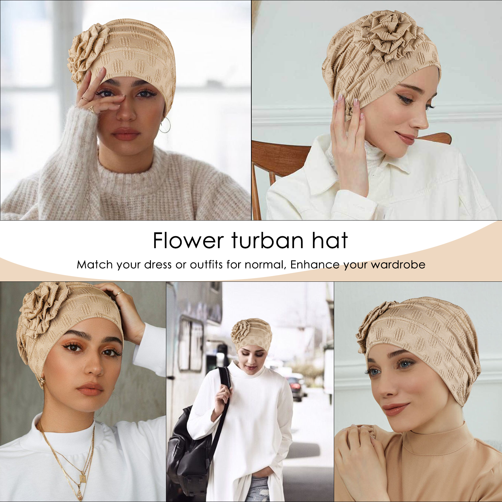 Stretch Turban Hats for Women, Beanie Headscarf Elastic Hats, Fashion Flower Knot Pre Tied Head Cap for Keep Hair Style Cap, Sleep Hat (Khaki) - Image 3