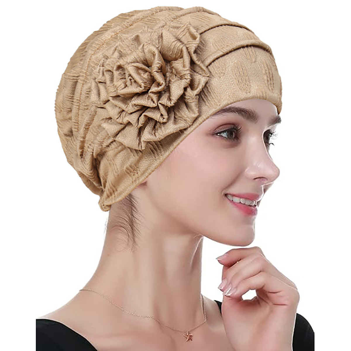 Stretch Turban Hats for Women, Beanie Headscarf Elastic Hats, Fashion Flower Knot Pre Tied Head Cap for Keep Hair Style Cap, Sleep Hat (Khaki)