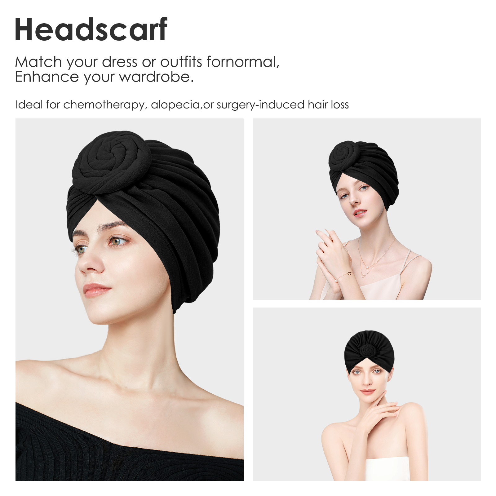 Stretch Turban Hats for Women, Reusable Washable Pre Tied Head Scarves, Soft Breathable Headwraps for Keep Hair Style Cap, Sleep Hat (Black) - Image 3