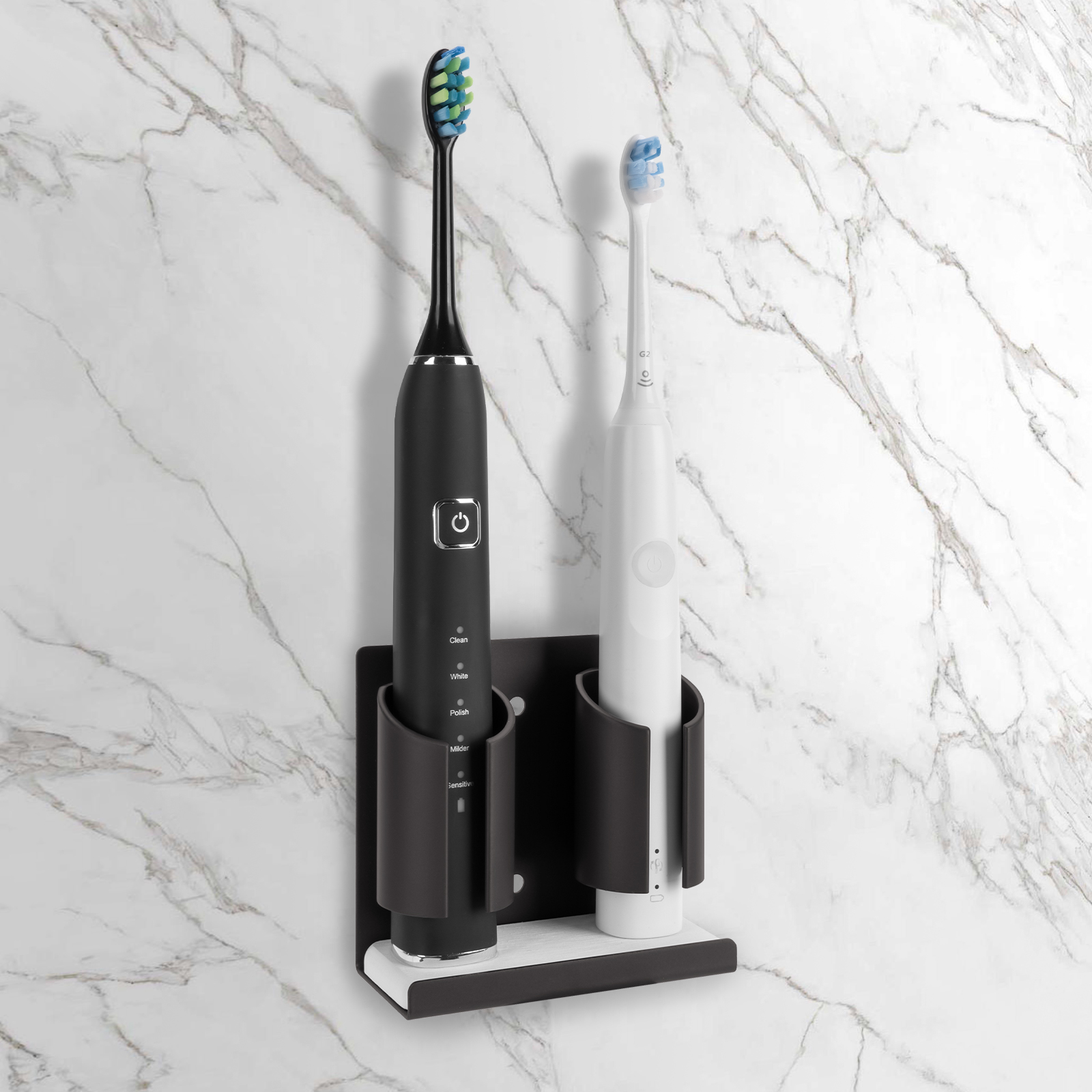 Electric Toothbrush Holders for Bathrooms Wall Mounted, 2 Slots Adhesive Toothbrush Organizer Stand with Diatomite Dish, Compatible with Philips 2100, 4100, 5100, 6100, 6500, 7500 (Grey) - Image 3