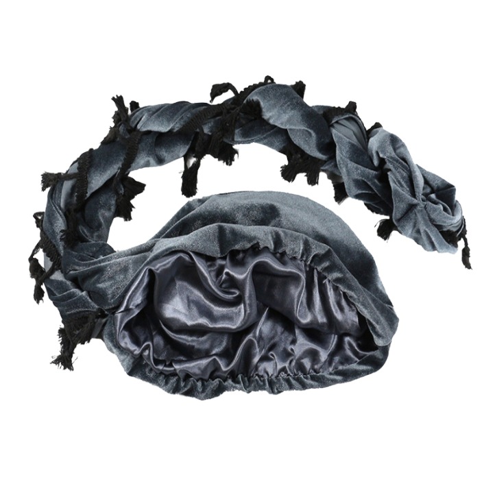 Velvet Durag Satin Lined Halo Turban Wraps, Unique Design Turban for Men & Women, Tassel Beanie for Causal Life (Grey) - Image 6