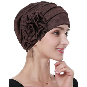 Stretch Turban Hats for Women, Beanie Headscarf Elastic Hats, Fashion Flower Knot Pre Tied Head Cap for Keep Hair Style Cap, Sleep Hat (Brown)