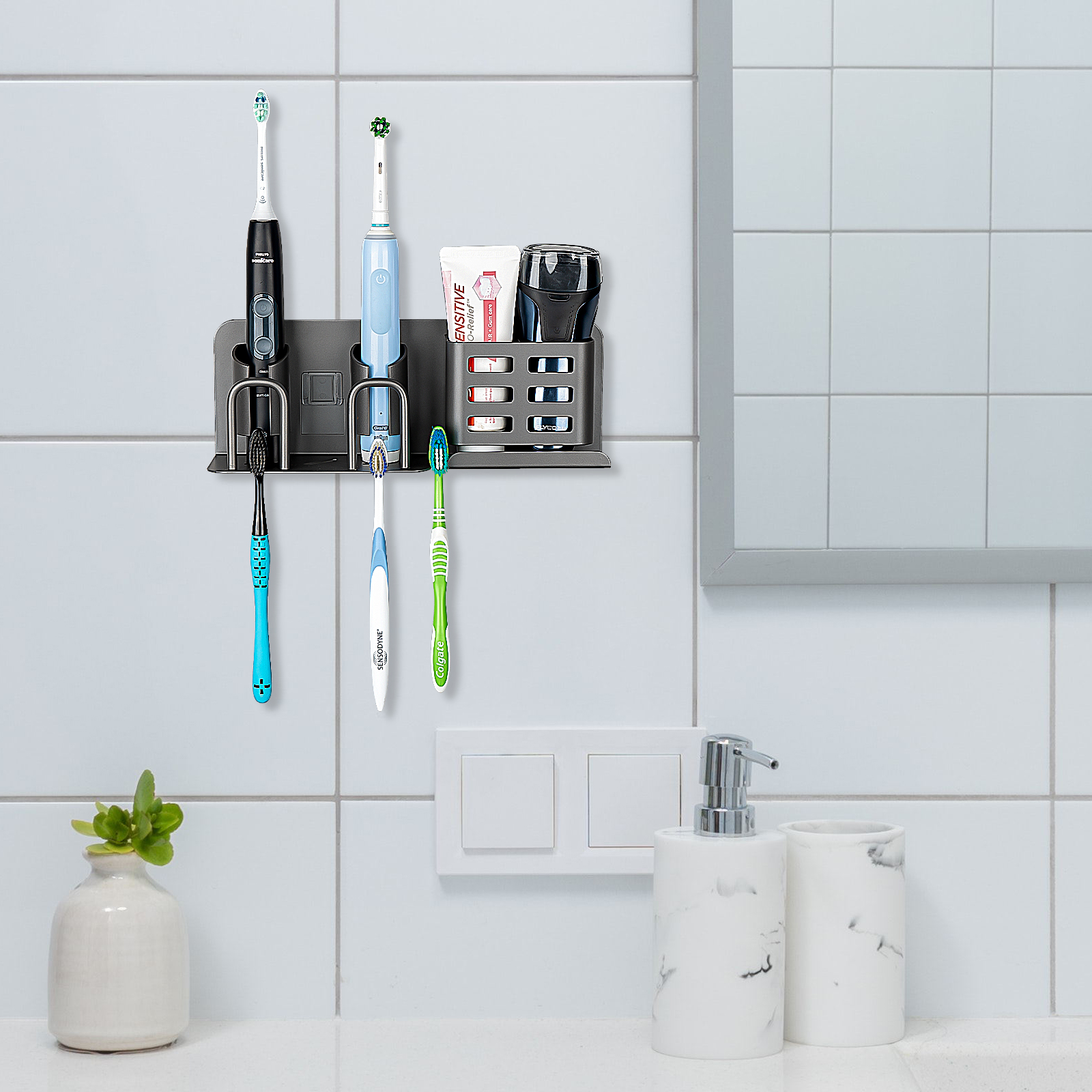 Aluminum Alloy Electric Toothbrush Holders, Wall Mounted Bathroom Organizers and Storage with 2 Slots, Multipurpose Bathroom Accessories Organizer for Toothpaste, Electric Razor (Grey) - Image 23