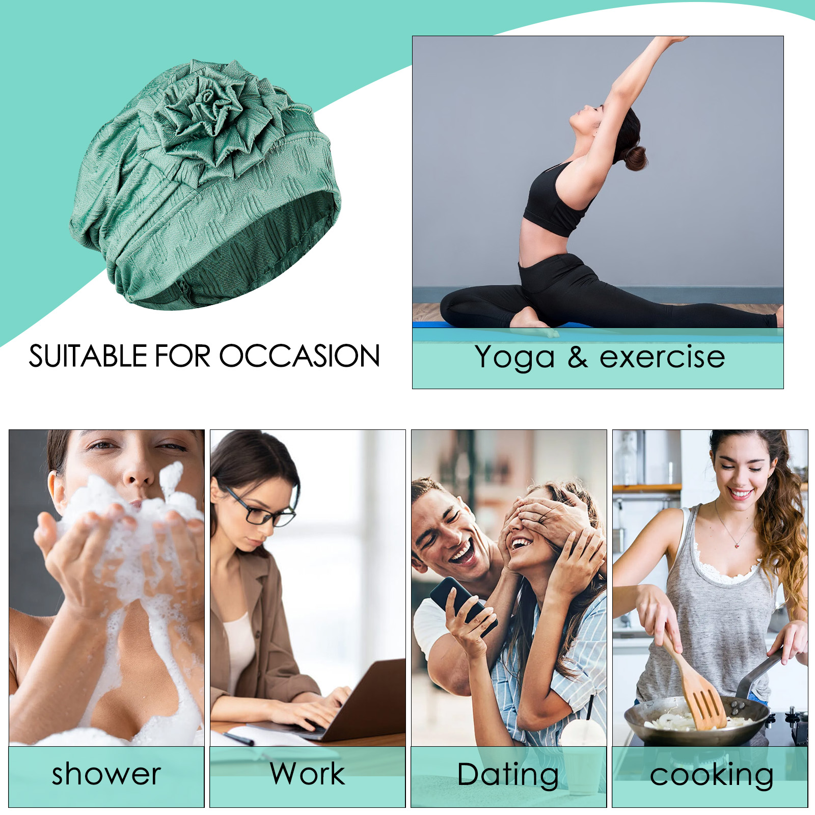 Stretch Turban Hats for Women, Beanie Headscarf Elastic Hats, Fashion Flower Knot Pre Tied Head Cap for Keep Hair Style Cap, Sleep Hat (Green) - Image 3