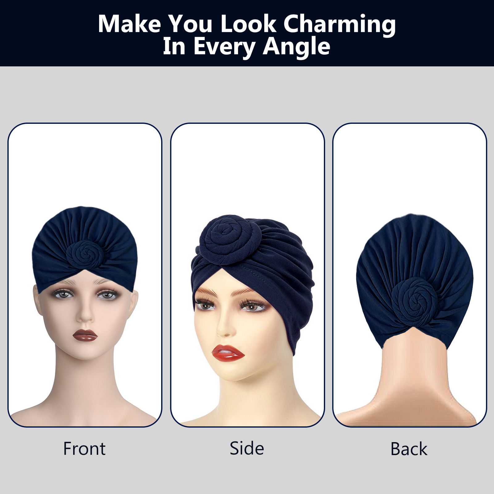 Stretch Turban Hats for Women, Reusable Washable Pre Tied Head Scarves, Soft Breathable Headwraps for Keep Hair Style Cap, Sleep Hat (Blue) - Image 5