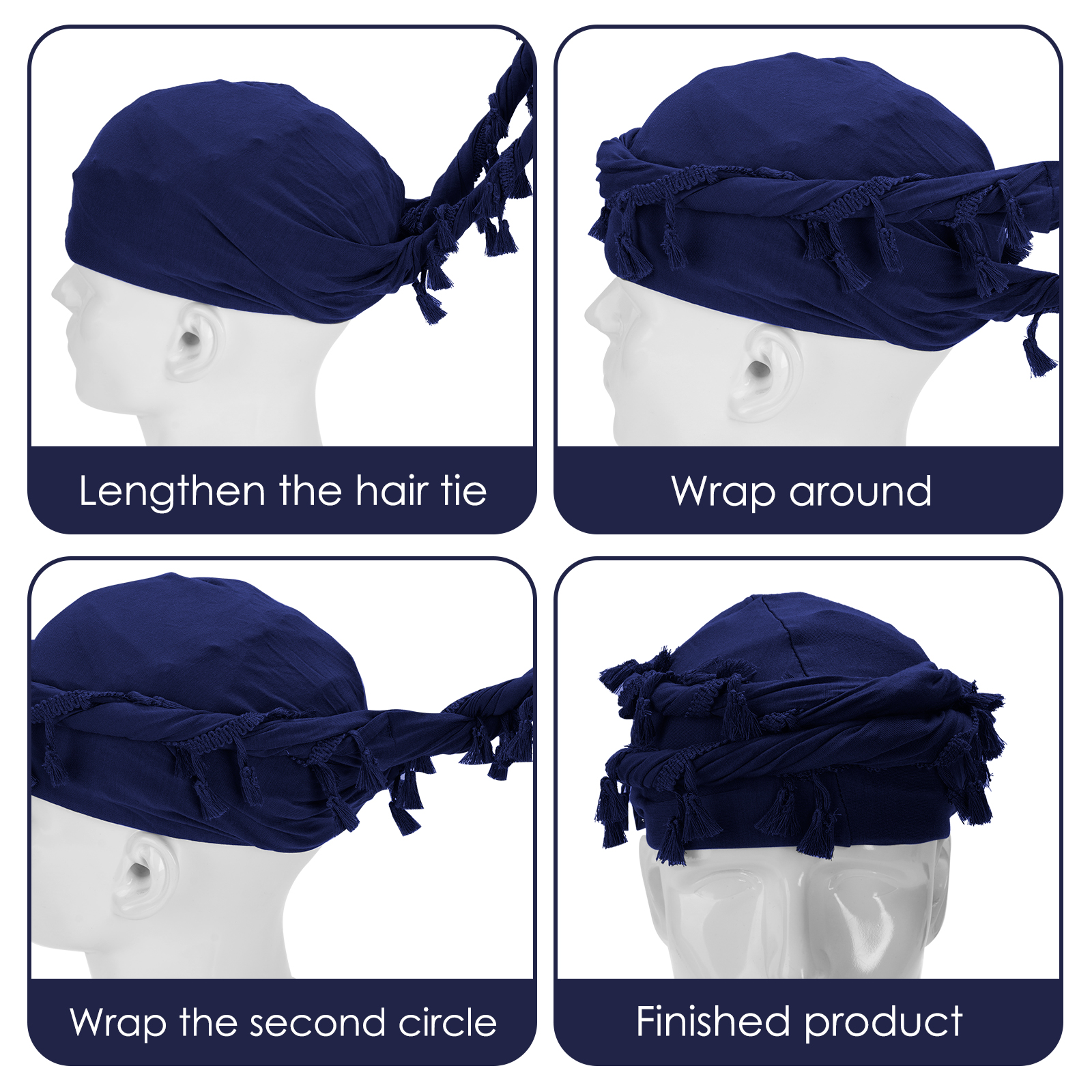 Cotton Durag Satin Lined Halo Turban Wraps, Unique Design Turban for Men & Women, Tassel Beanie for Causal Life (Blue) - Image 5