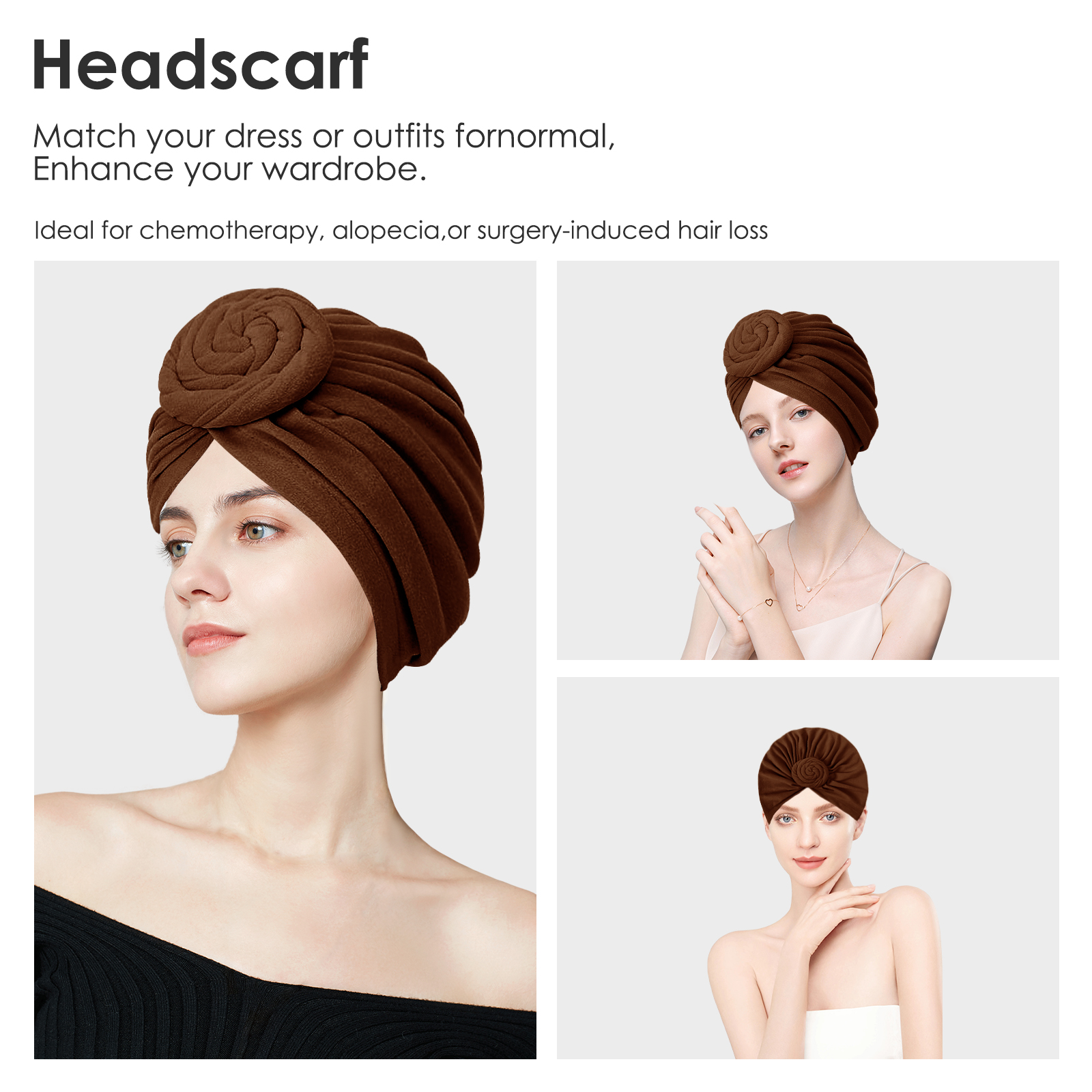 Stretch Turban Hats for Women, Reusable Washable Pre Tied Head Scarves, Soft Breathable Headwraps for Keep Hair Style Cap, Sleep Hat (Brown) - Image 3