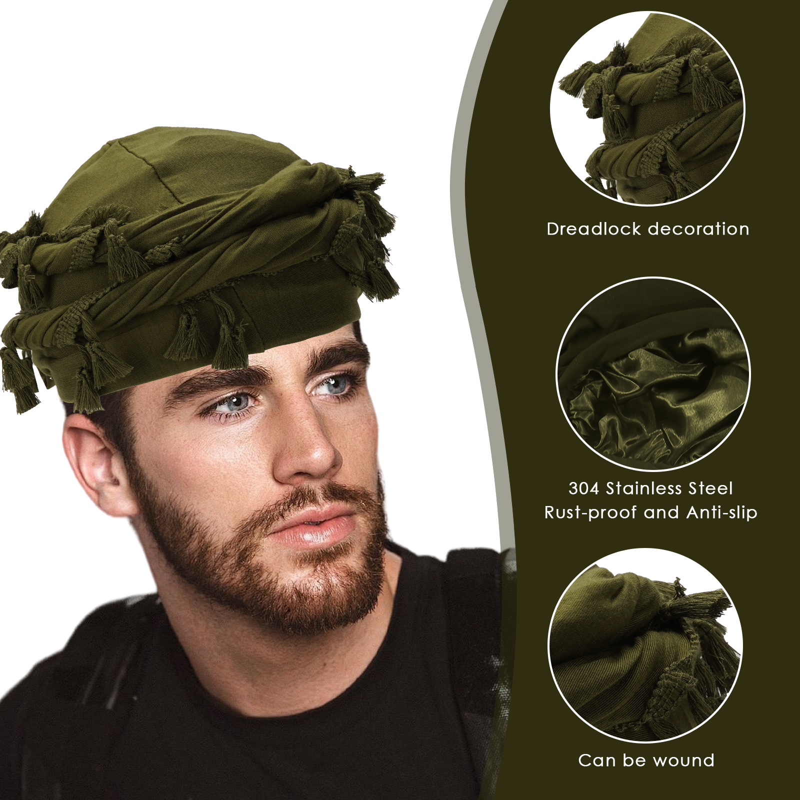 Cotton Durag Satin Lined Halo Turban Wraps, Unique Design Turban for Men & Women, Tassel Beanie for Causal Life (Green) - Image 3