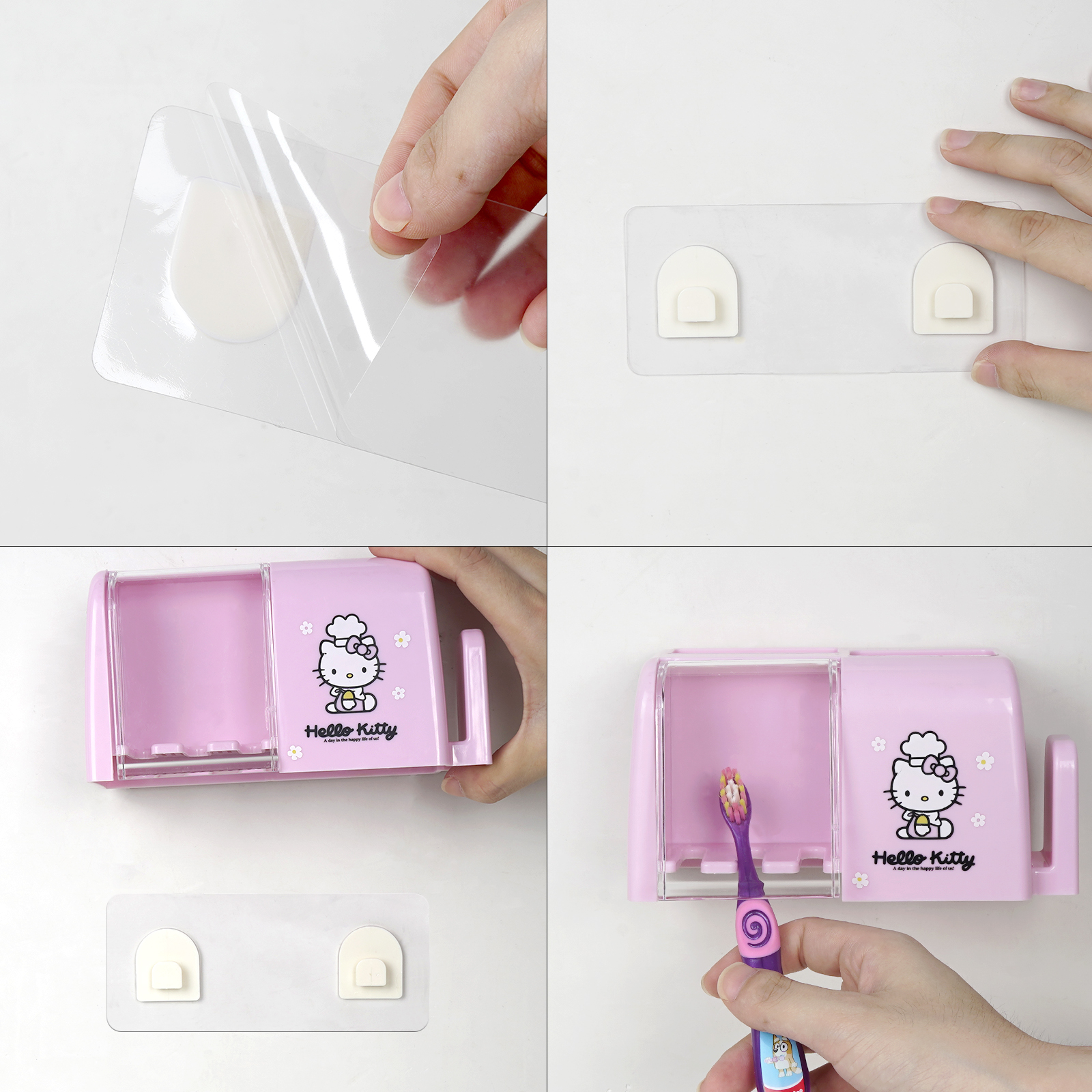 Wall Mounted Kids Toothbrush Holder with Cover, 3 Slots Hello Kitty Toothbrush Storage Organizer, Self Adhesive Toothbrush Toothpaste Hanger for Bathroom (Pink) - Image 8