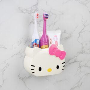 Wall Mounted Toothbrush Holder for Kids, Self Adhesive Toothbrush Storage Organizer, Hello Kitty Electric Toothbrush Toothpaste Holder for Bathroom (Pink)