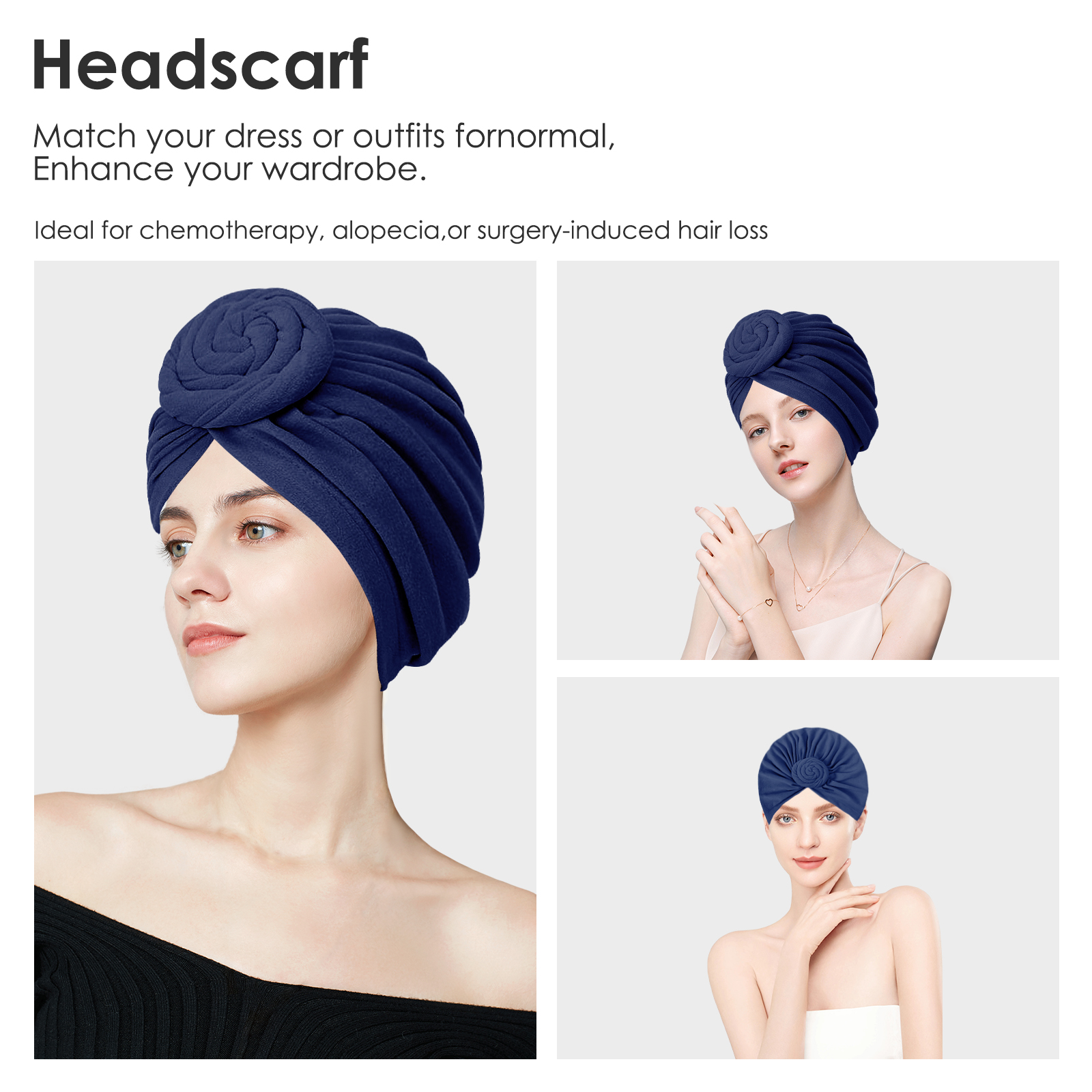 Stretch Turban Hats for Women, Reusable Washable Pre Tied Head Scarves, Soft Breathable Headwraps for Keep Hair Style Cap, Sleep Hat (Blue) - Image 4