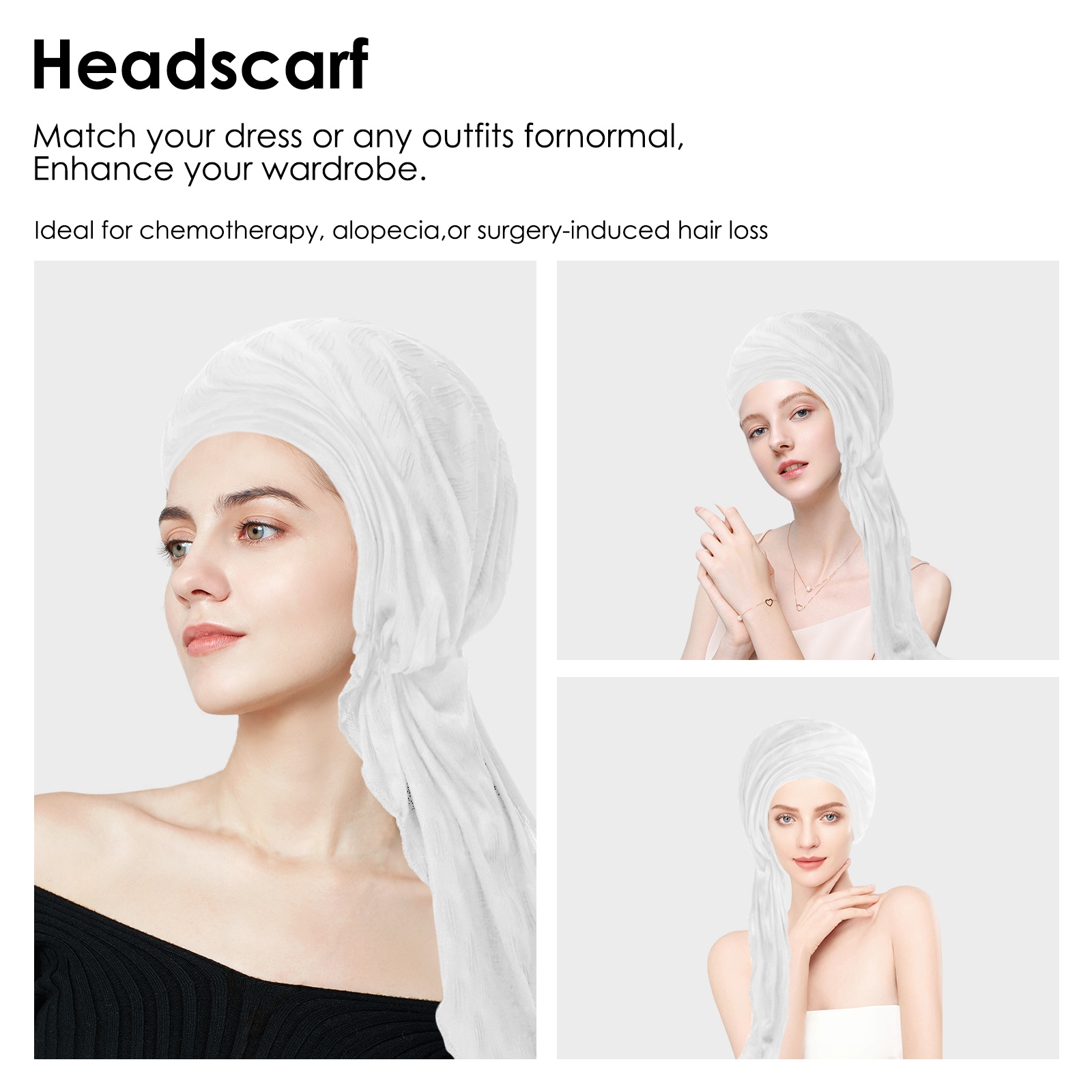 Pre Tied Head Scarves for Women, Stretch Turban Hats with Breathable, Soft Non Slip Headwraps for Keep Hair Style Cap, Sleep Hat (White) - Image 3