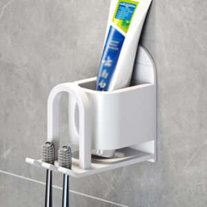 Wall Mounted Toothbrush Holder, 2 Slots Self Adhesive Toothbrush Storage Organizer, Toothpaste Toothbrush Cup Holder for Bathroom Shower (White)