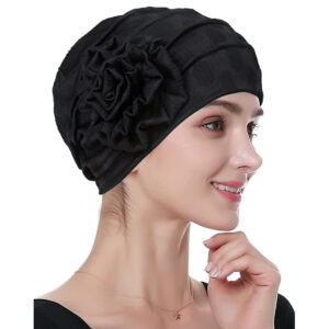 Stretch Turban Hats for Women, Beanie Headscarf Elastic Hats, Fashion Flower Knot Pre Tied Head Cap for Keep Hair Style Cap, Sleep Hat (Black)