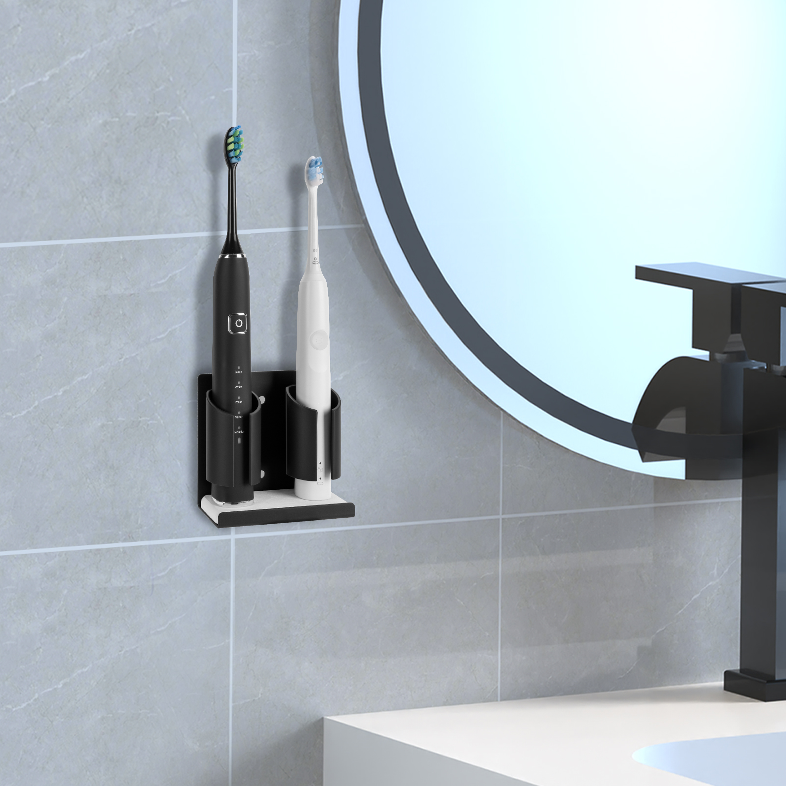 Electric Toothbrush Holders for Bathrooms Wall Mounted, 2 Slots Adhesive Toothbrush Organizer Stand with Diatomite Dish, Compatible with Philips 2100, 4100, 5100, 6100, 6500, 7500 (Black) - Image 3