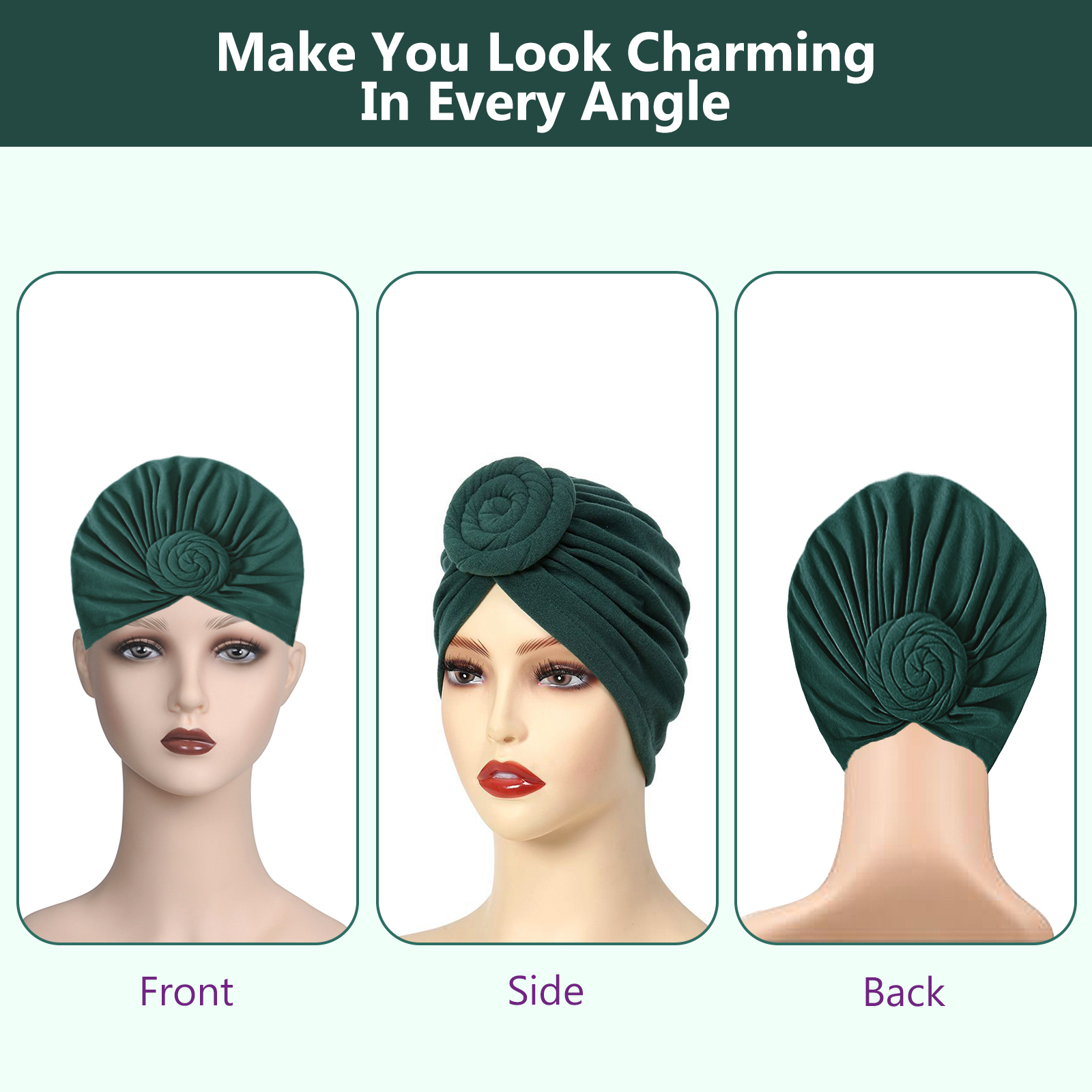 Stretch Turban Hats for Women, Reusable Washable Pre Tied Head Scarves, Soft Breathable Headwraps for Keep Hair Style Cap, Sleep Hat (Green) - Image 6