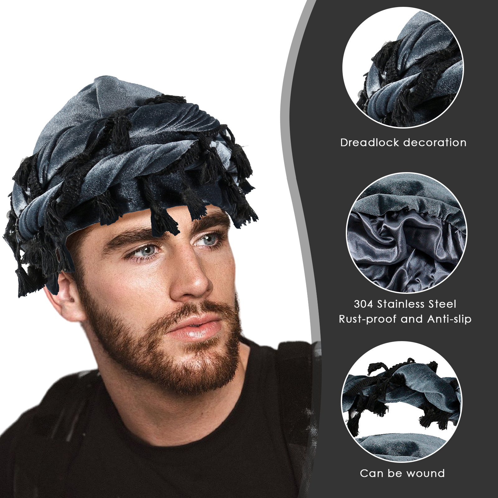 Velvet Durag Satin Lined Halo Turban Wraps, Unique Design Turban for Men & Women, Tassel Beanie for Causal Life (Grey) - Image 4