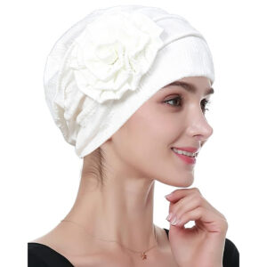 Stretch Turban Hats for Women, Beanie Headscarf Elastic Hats, Fashion Flower Knot Pre Tied Head Cap for Keep Hair Style Cap, Sleep Hat (White)