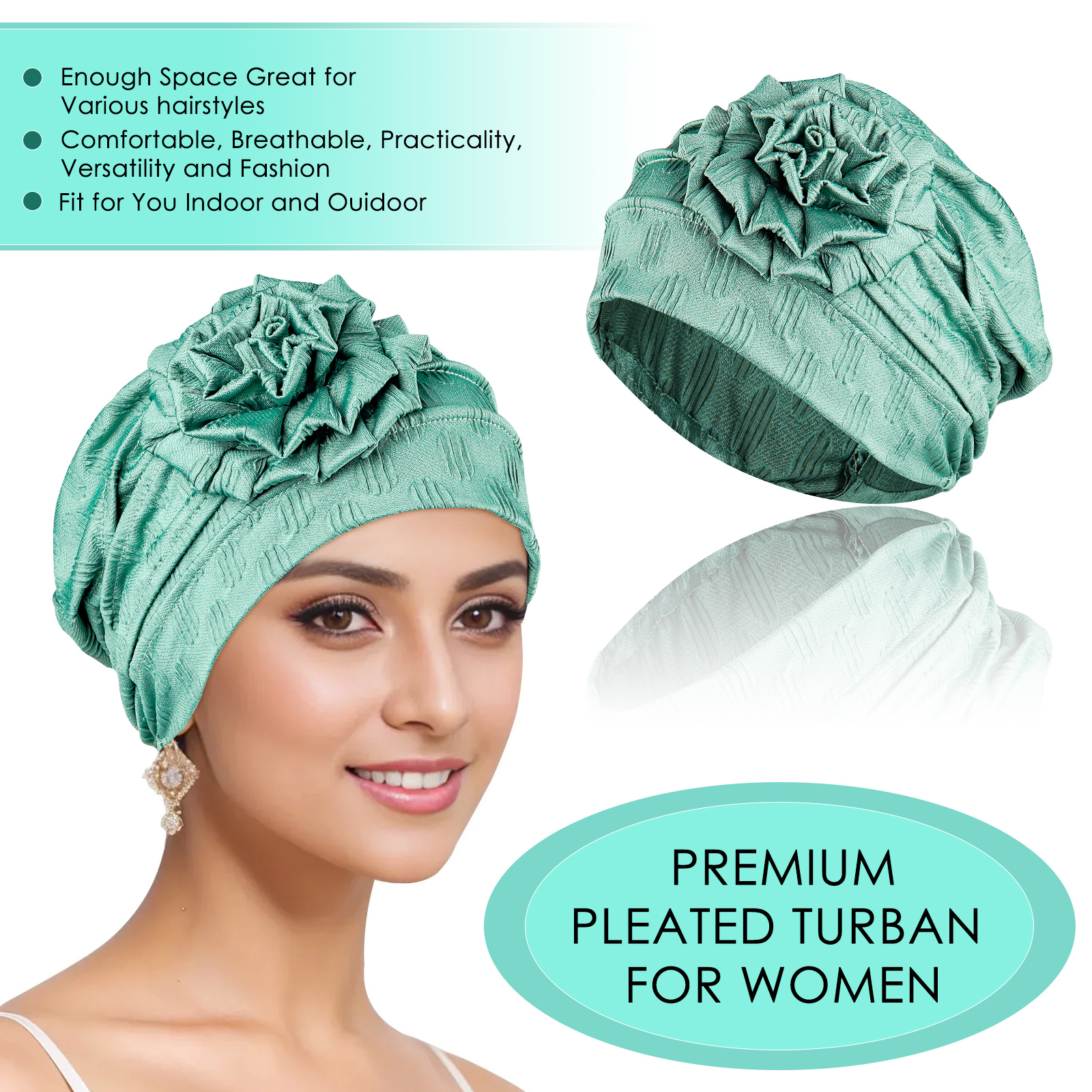 Stretch Turban Hats for Women, Beanie Headscarf Elastic Hats, Fashion Flower Knot Pre Tied Head Cap for Keep Hair Style Cap, Sleep Hat (Green) - Image 5