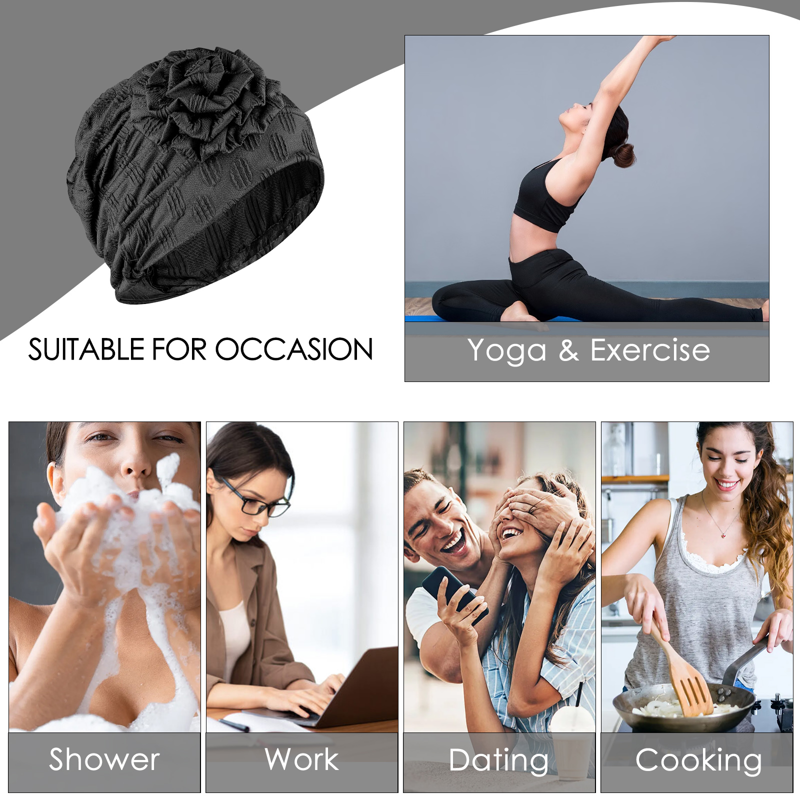 Stretch Turban Hats for Women, Beanie Headscarf Elastic Hats, Fashion Flower Knot Pre Tied Head Cap for Keep Hair Style Cap, Sleep Hat (Black) - Image 5