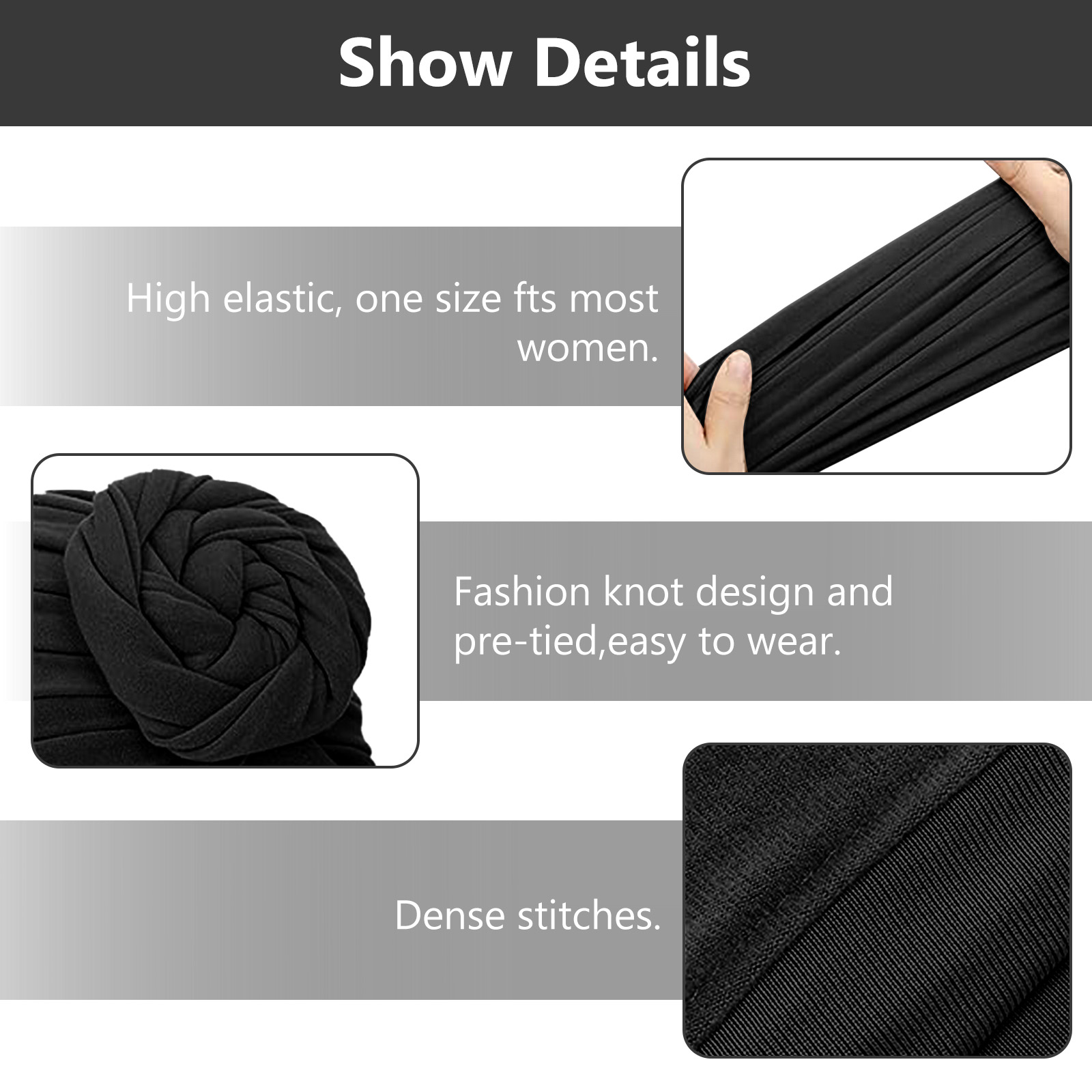 Stretch Turban Hats for Women, Reusable Washable Pre Tied Head Scarves, Soft Breathable Headwraps for Keep Hair Style Cap, Sleep Hat (Black) - Image 4