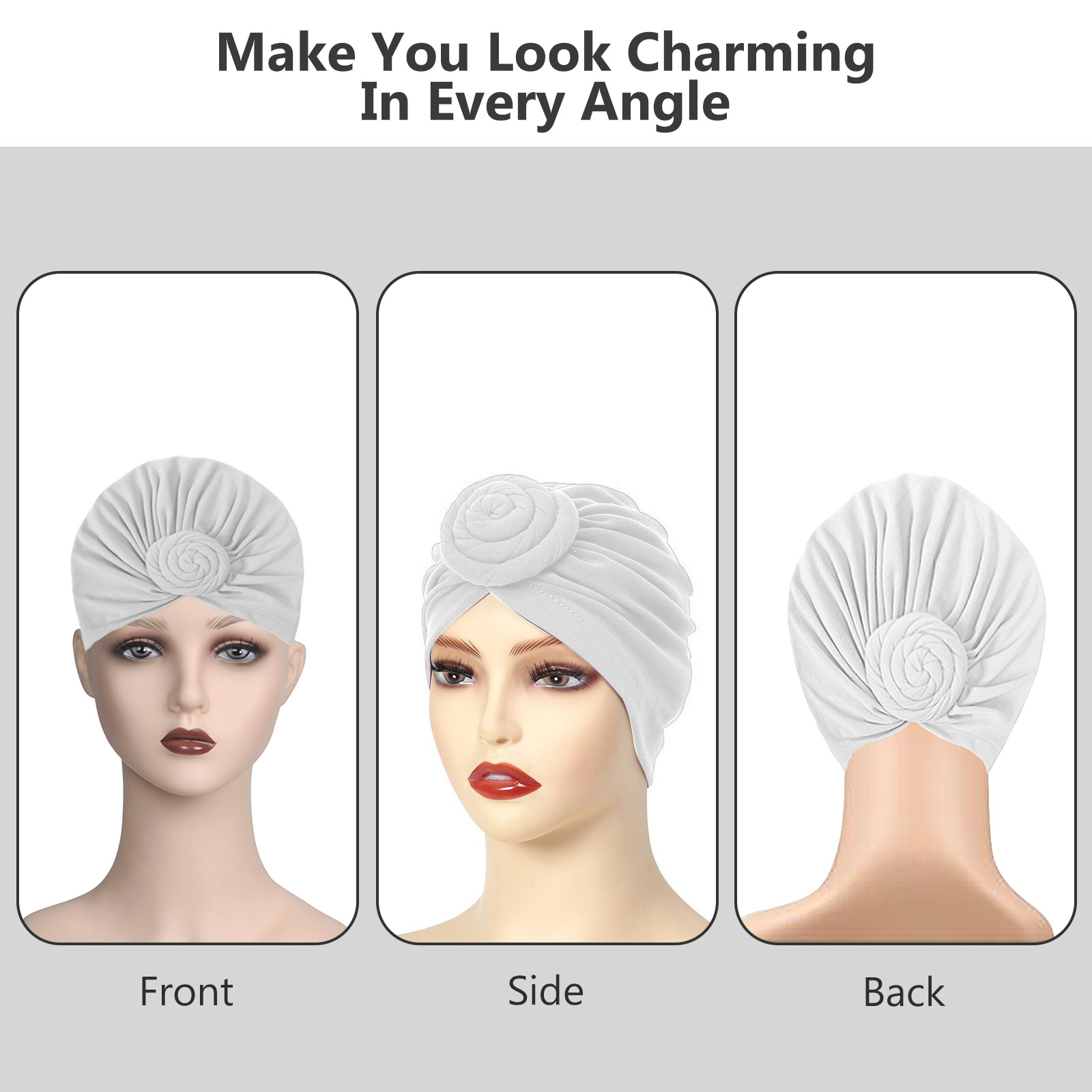 Stretch Turban Hats for Women, Reusable Washable Pre Tied Head Scarves, Soft Breathable Headwraps for Keep Hair Style Cap, Sleep Hat (White) - Image 3