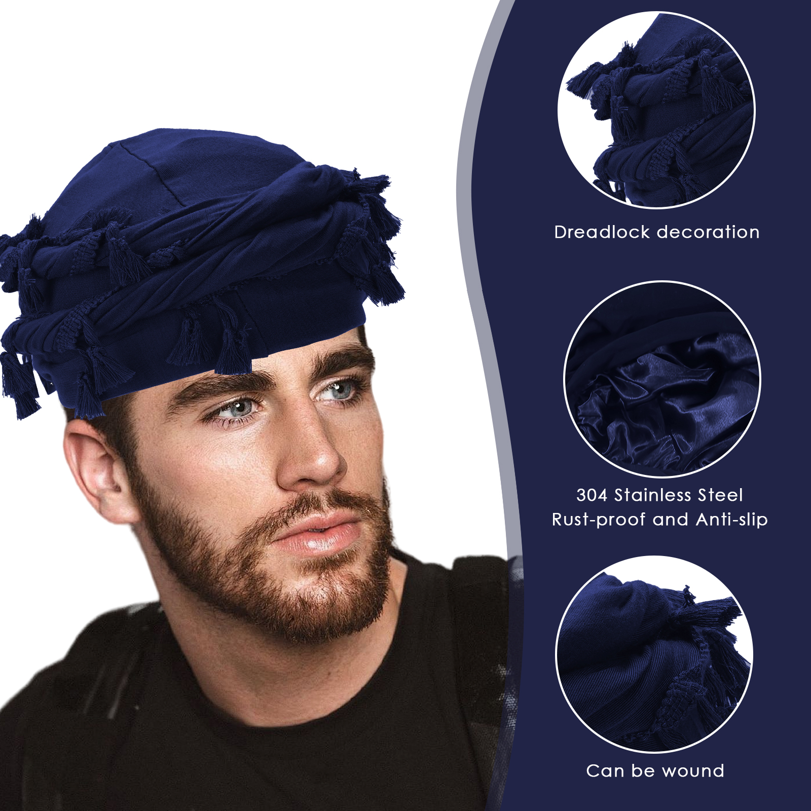 Cotton Durag Satin Lined Halo Turban Wraps, Unique Design Turban for Men & Women, Tassel Beanie for Causal Life (Blue) - Image 4