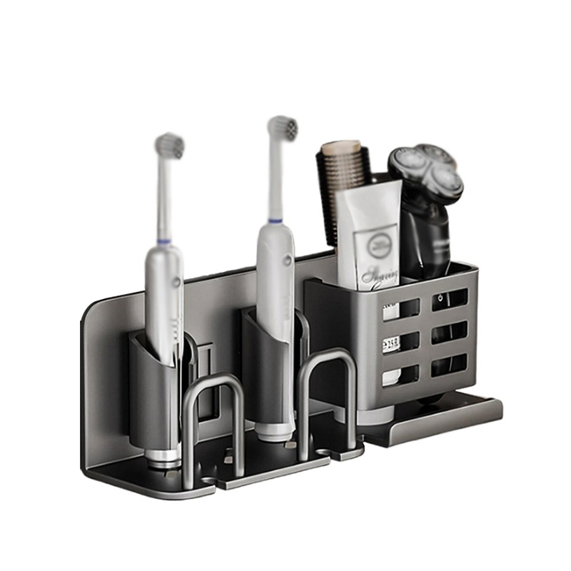 Aluminum Alloy Electric Toothbrush Holders, Wall Mounted Bathroom Organizers and Storage with 2 Slots, Multipurpose Bathroom Accessories Organizer for Toothpaste, Electric Razor (Grey)