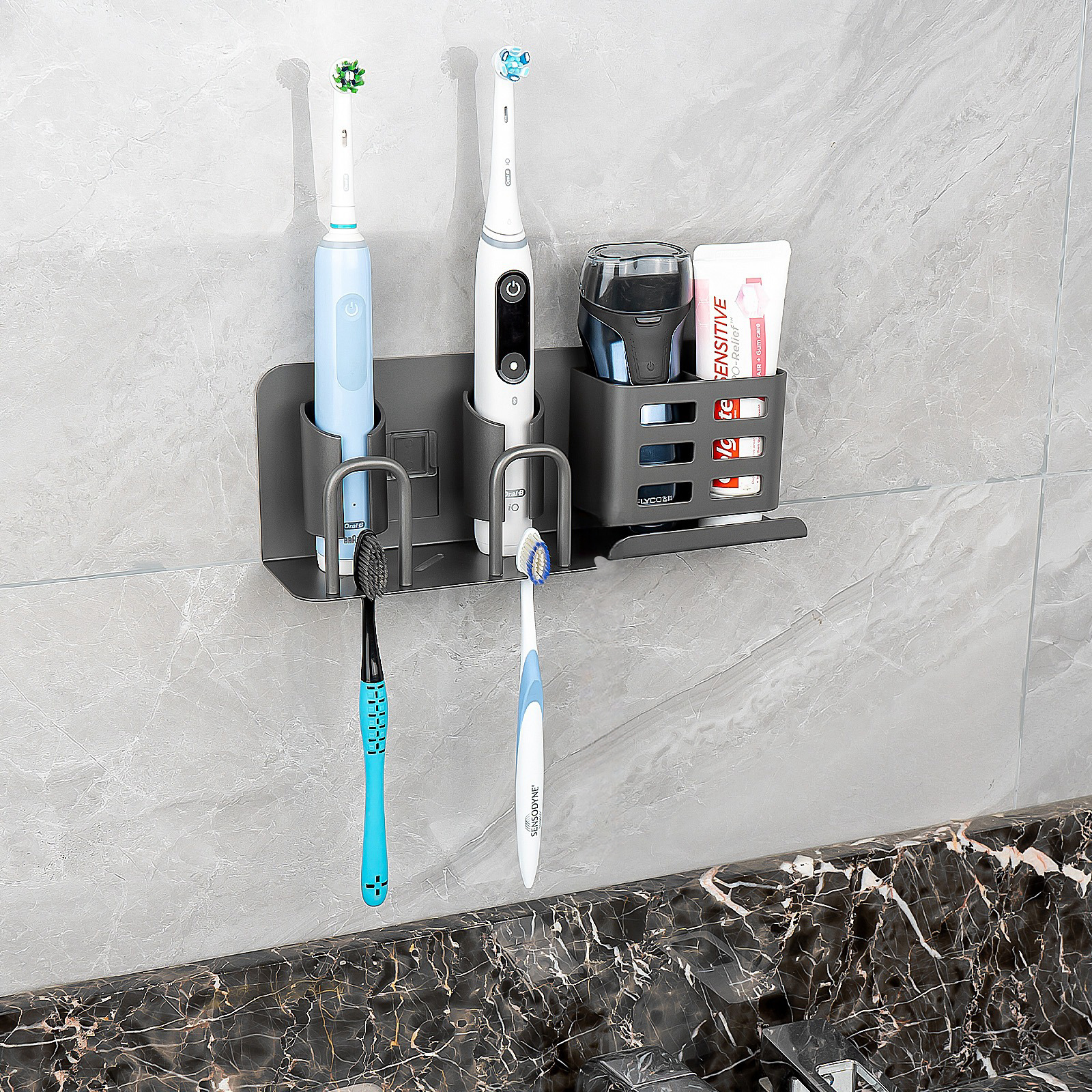 Aluminum Alloy Electric Toothbrush Holders, Wall Mounted Bathroom Organizers and Storage with 2 Slots, Multipurpose Bathroom Accessories Organizer for Toothpaste, Electric Razor (Grey) - Image 18