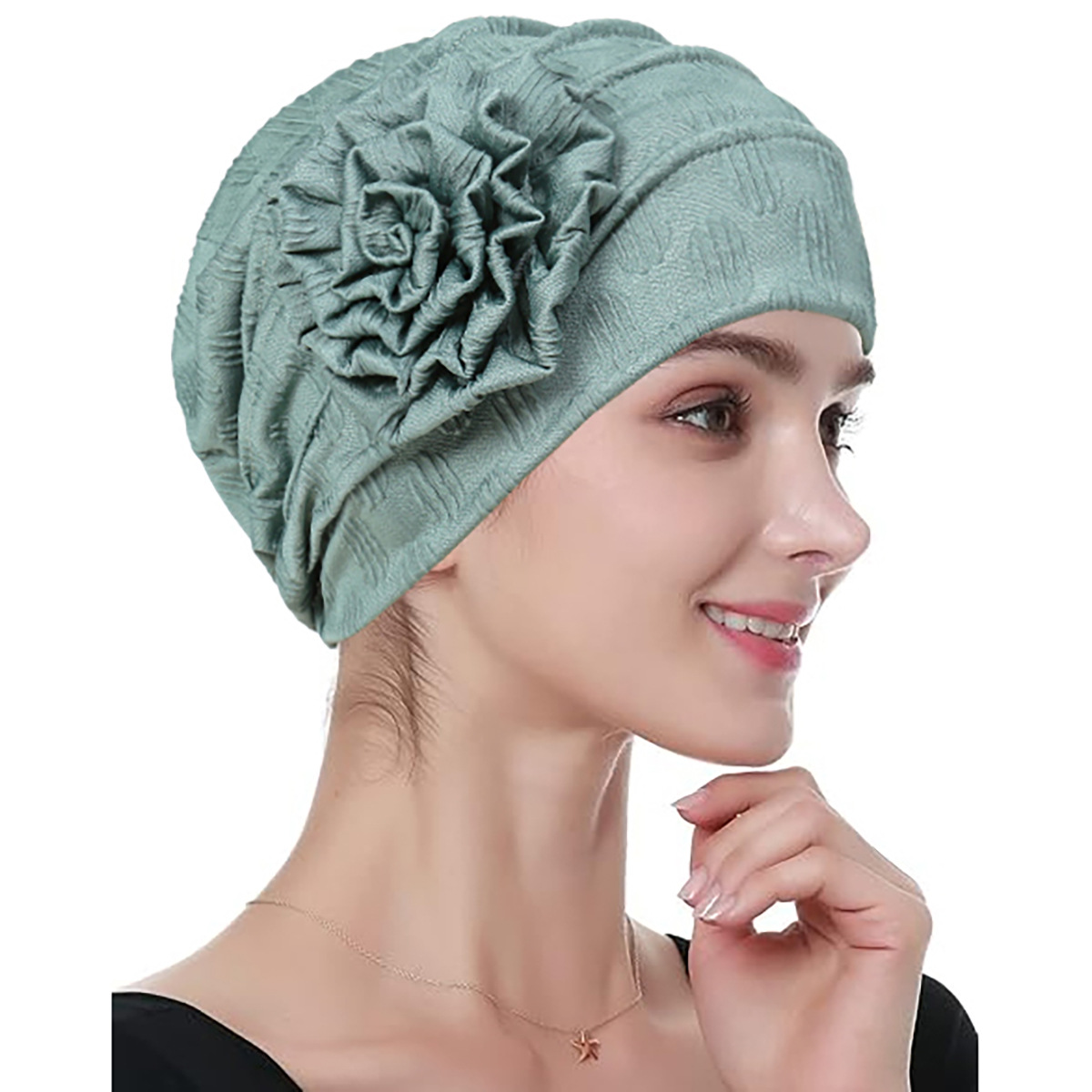 Stretch Turban Hats for Women, Beanie Headscarf Elastic Hats, Fashion Flower Knot Pre Tied Head Cap for Keep Hair Style Cap, Sleep Hat (Green)