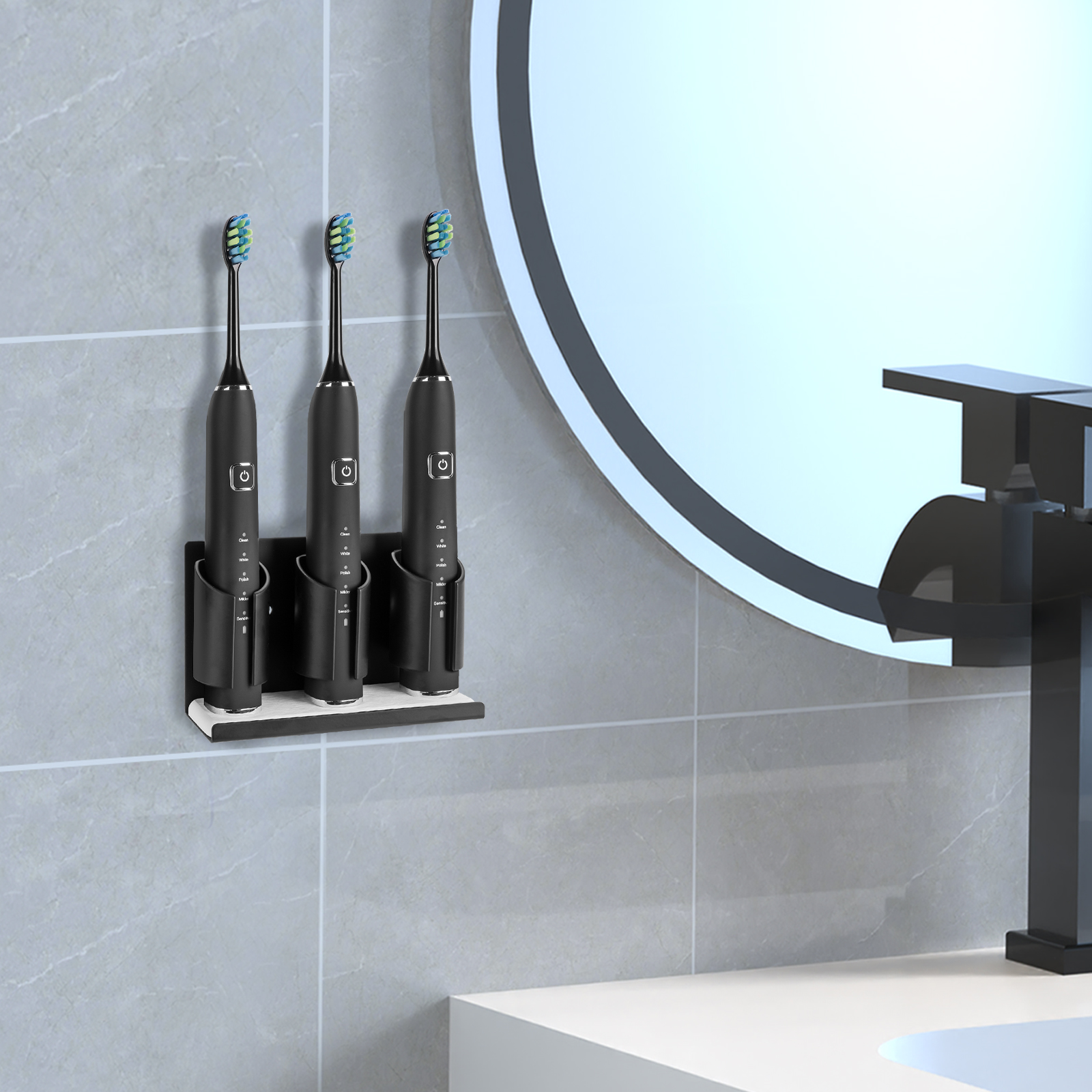 Electric Toothbrush Holders for Bathrooms Wall Mounted, 3 Slots Adhesive Toothbrush Organizer Stand with Diatomite Dish, Compatible with Philips 2100, 4100, 5100, 6100, 6500, 7500 (Black) - Image 5