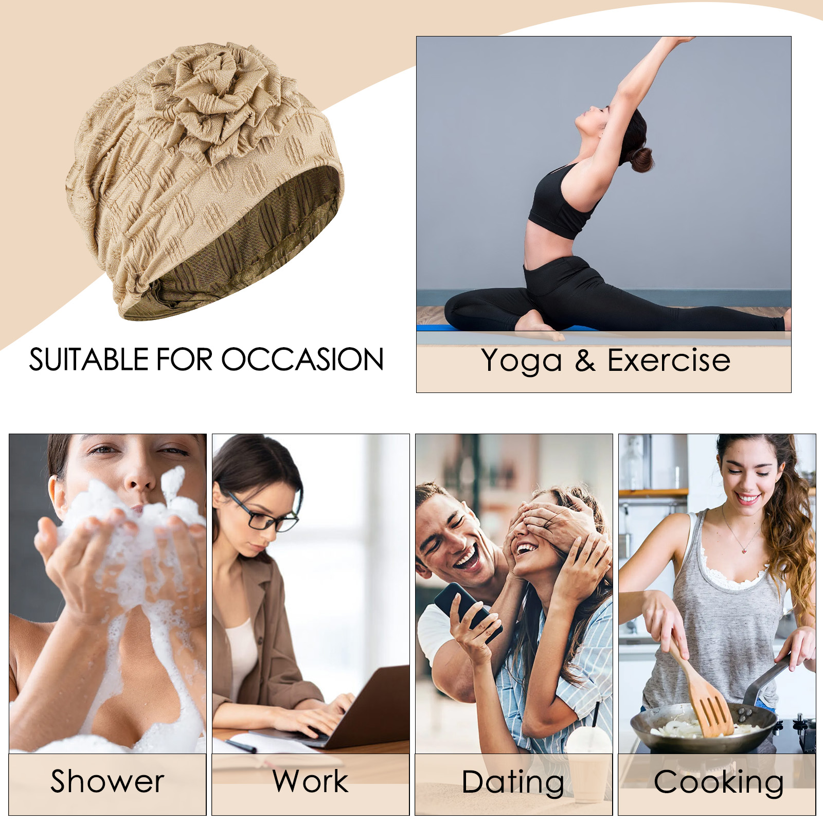 Stretch Turban Hats for Women, Beanie Headscarf Elastic Hats, Fashion Flower Knot Pre Tied Head Cap for Keep Hair Style Cap, Sleep Hat (Khaki) - Image 4