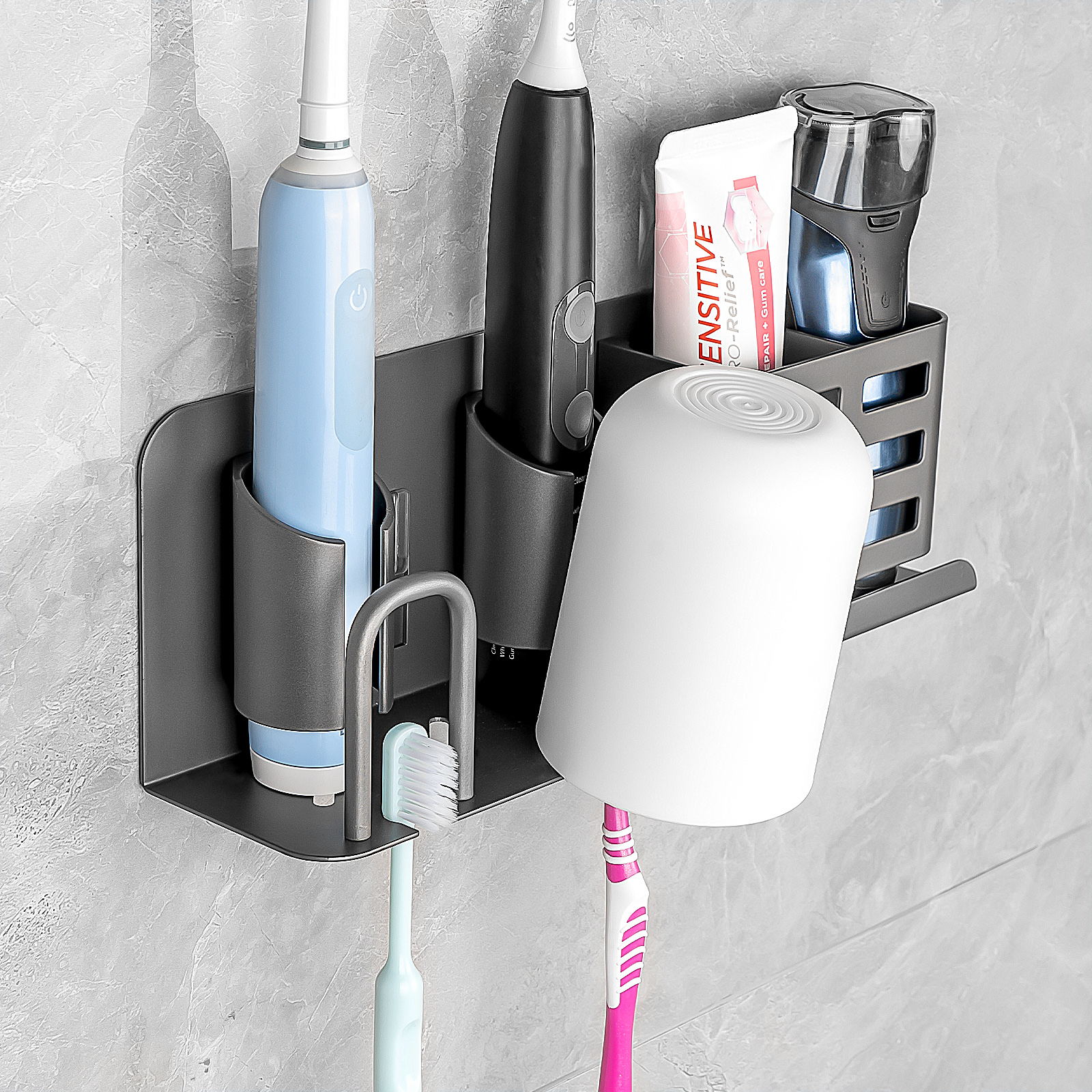 Aluminum Alloy Electric Toothbrush Holders, Wall Mounted Bathroom Organizers and Storage with 2 Slots, Multipurpose Bathroom Accessories Organizer for Toothpaste, Electric Razor (Grey) - Image 29