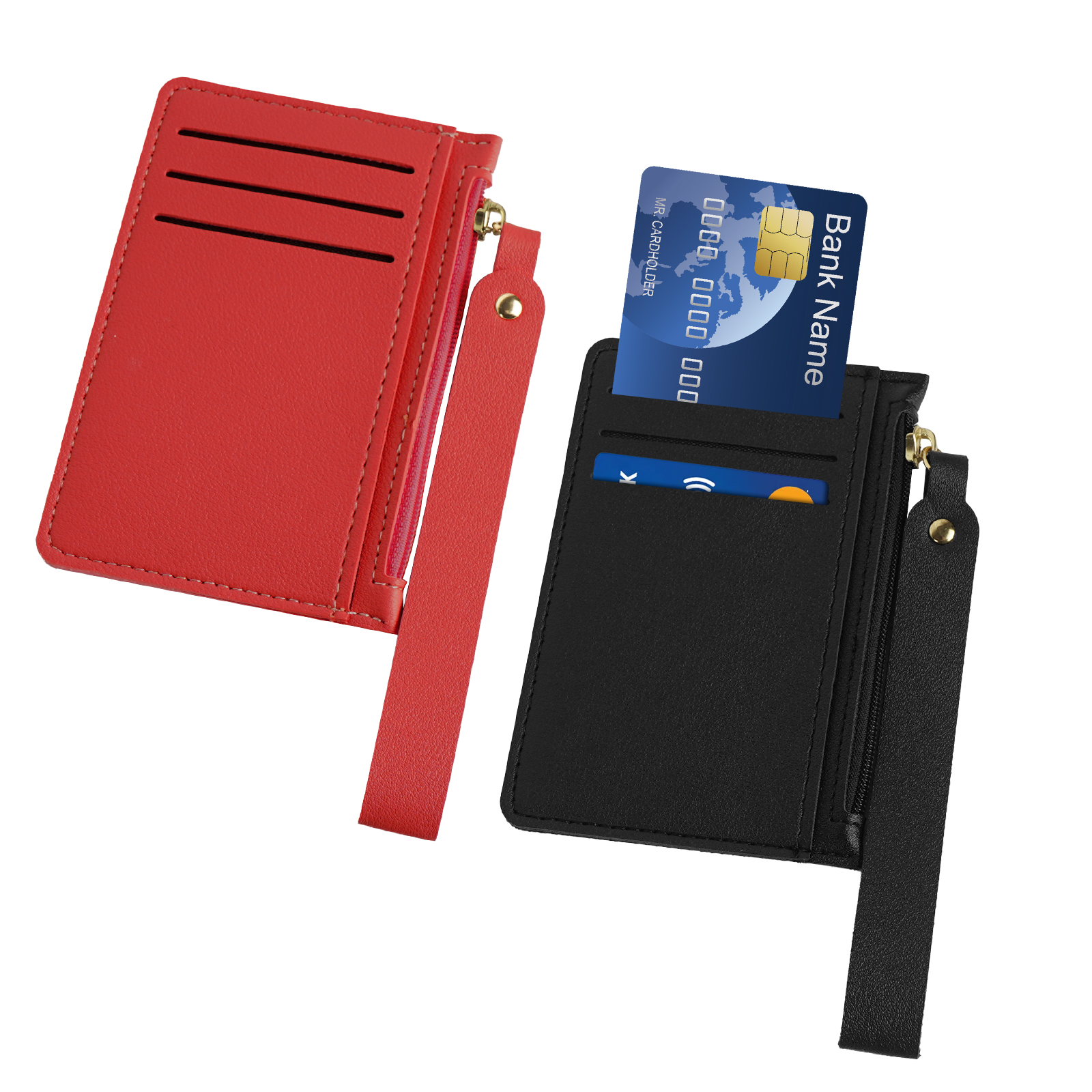 Pack Credit Card Holder Wallet for Women, RFID Blocking Wristlet Zip Slim Minimalist Wallet, Small Leather Wallet Coin Purse (Black & Red) - Image 3