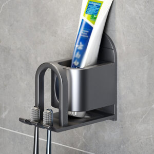 Wall Mounted Toothbrush Holder, 2 Slots Self Adhesive Toothbrush Storage Organizer, Toothpaste Toothbrush Cup Holder for Bathroom Shower (Grey)