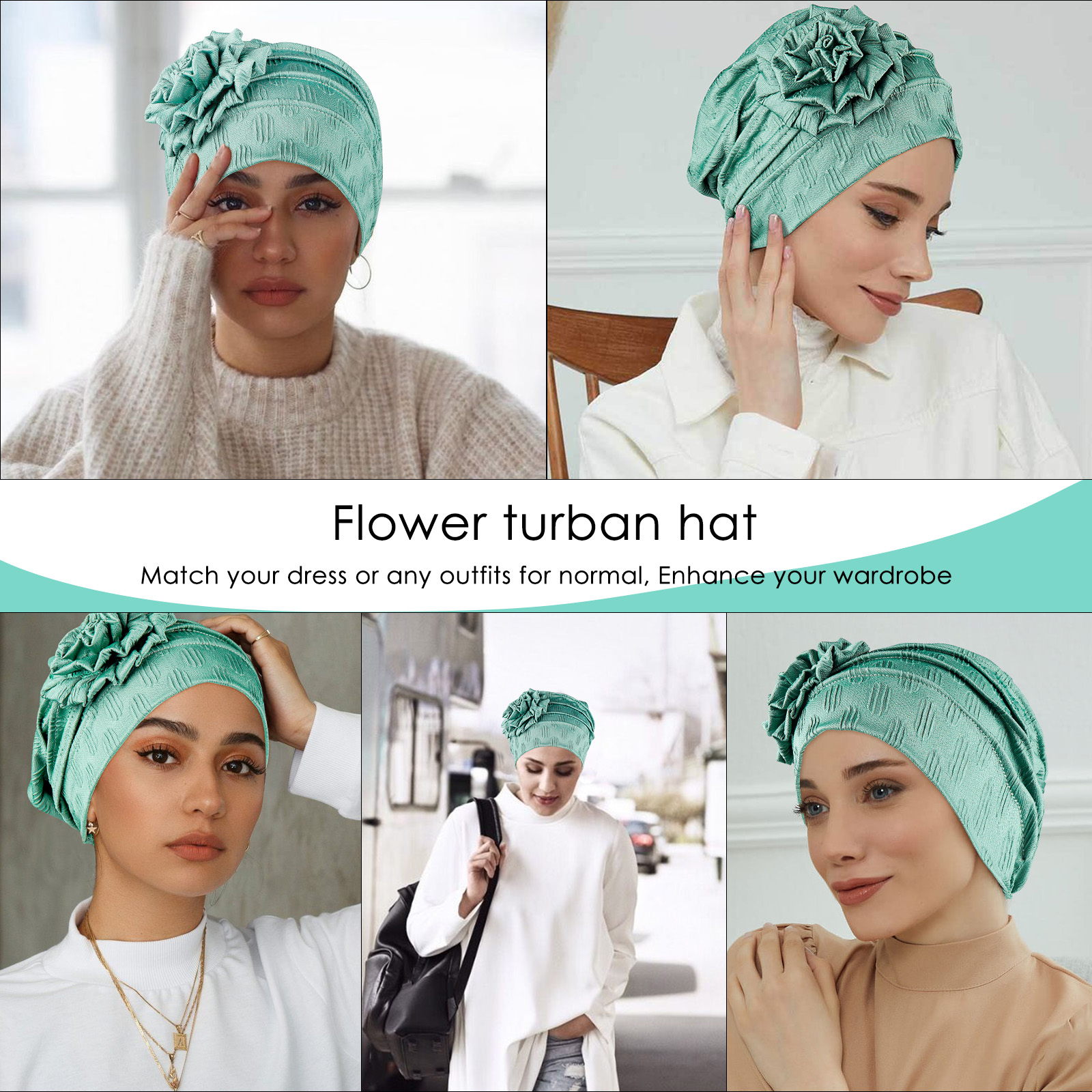 Stretch Turban Hats for Women, Beanie Headscarf Elastic Hats, Fashion Flower Knot Pre Tied Head Cap for Keep Hair Style Cap, Sleep Hat (Green) - Image 4