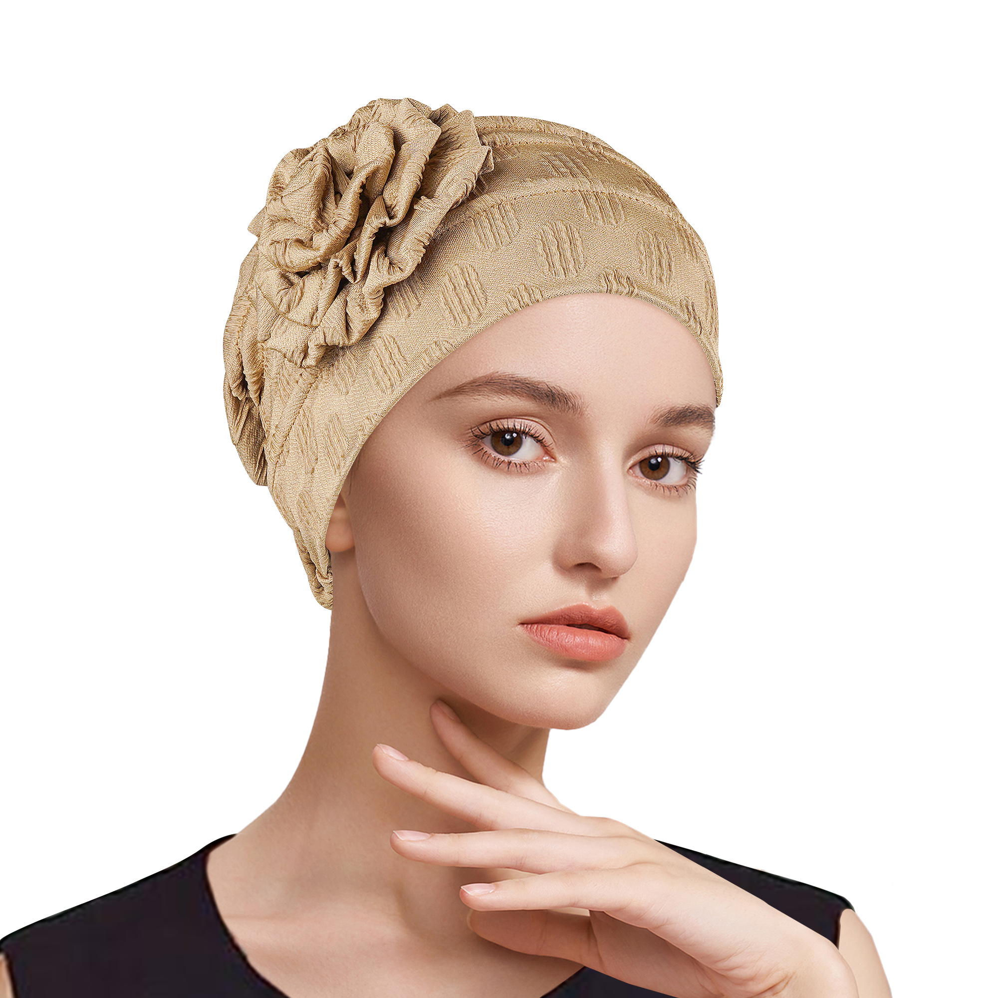 Stretch Turban Hats for Women, Beanie Headscarf Elastic Hats, Fashion Flower Knot Pre Tied Head Cap for Keep Hair Style Cap, Sleep Hat (Khaki) - Image 6