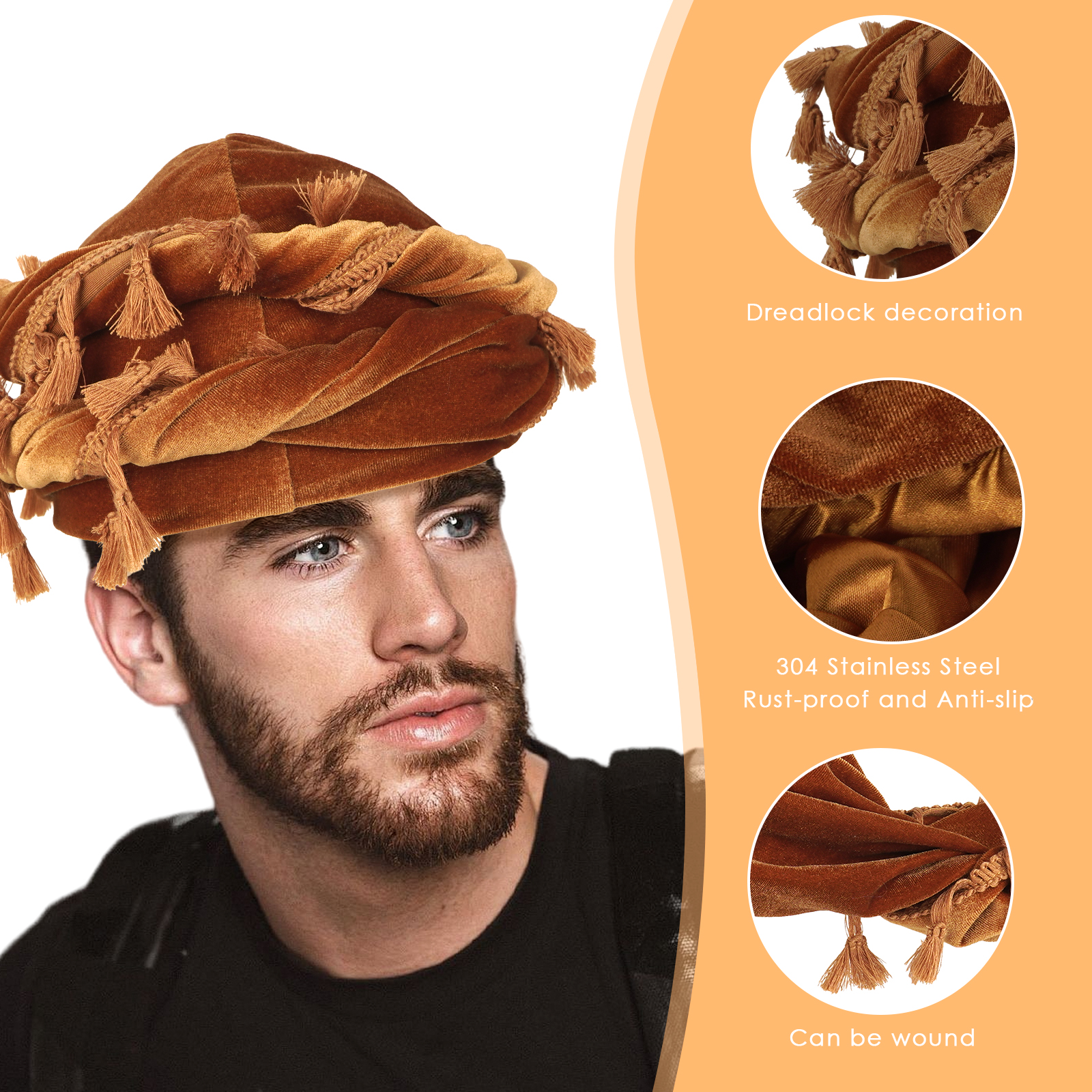 Velvet Durag Satin Lined Halo Turban Wraps, Unique Design Turban for Men & Women, Tassel Beanie for Causal Life (Yellow) - Image 5