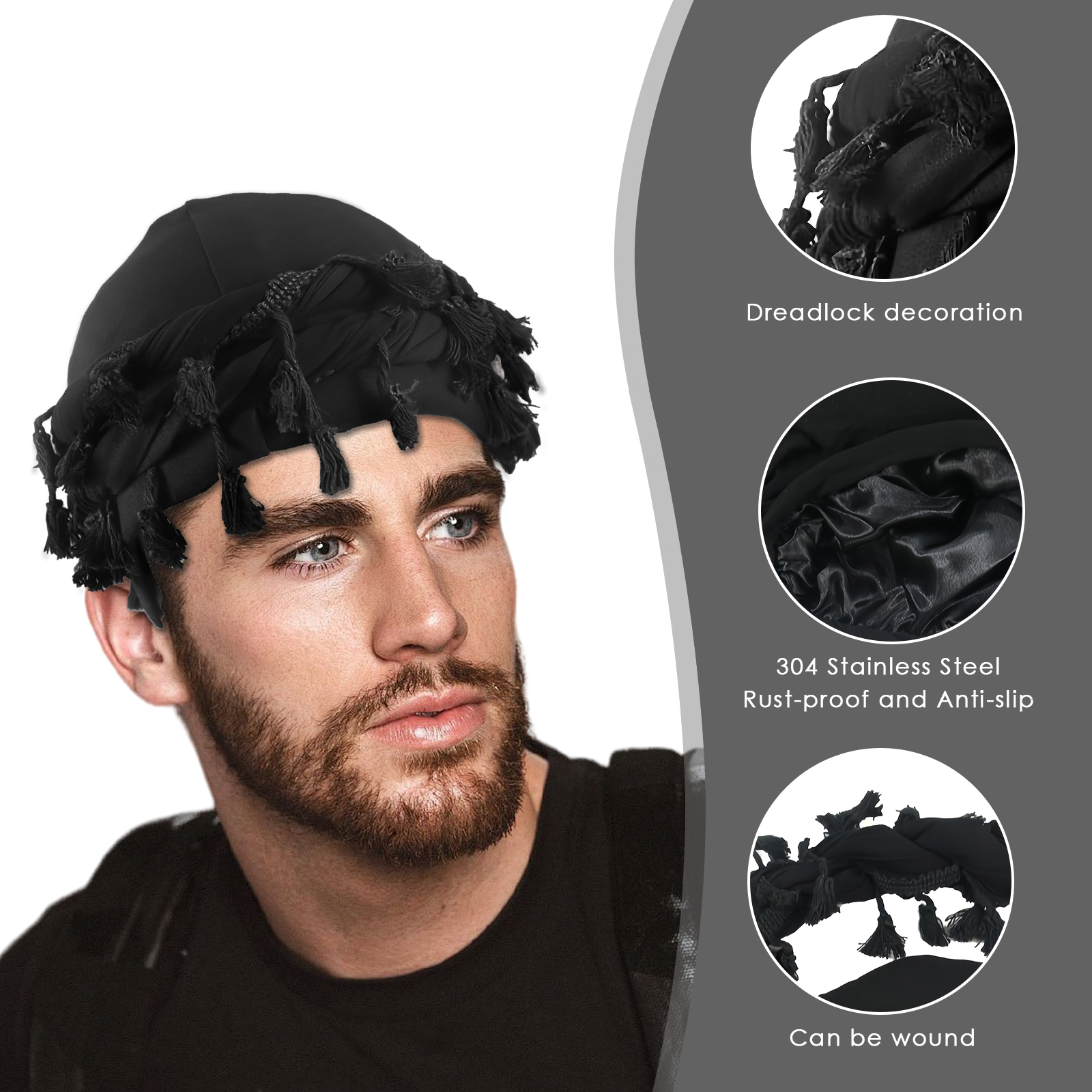 Cotton Durag Satin Lined Halo Turban Wraps, Unique Design Turban for Men & Women, Tassel Beanie for Causal Life (Black) - Image 6