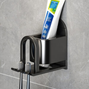 Wall Mounted Toothbrush Holder, 2 Slots Self Adhesive Toothbrush Storage Organizer, Toothpaste Toothbrush Cup Holder for Bathroom Shower (Black)