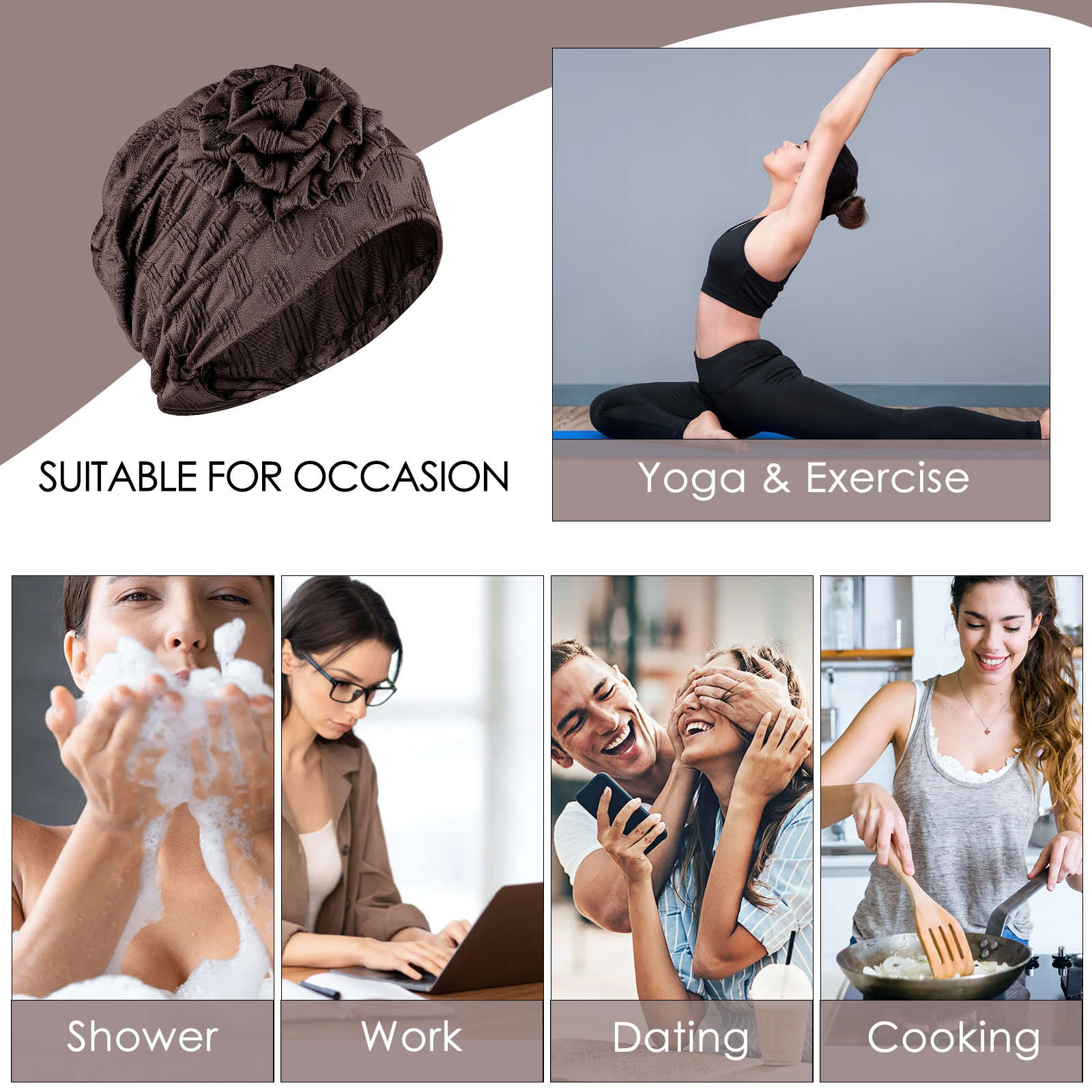 Stretch Turban Hats for Women, Beanie Headscarf Elastic Hats, Fashion Flower Knot Pre Tied Head Cap for Keep Hair Style Cap, Sleep Hat (Brown) - Image 3