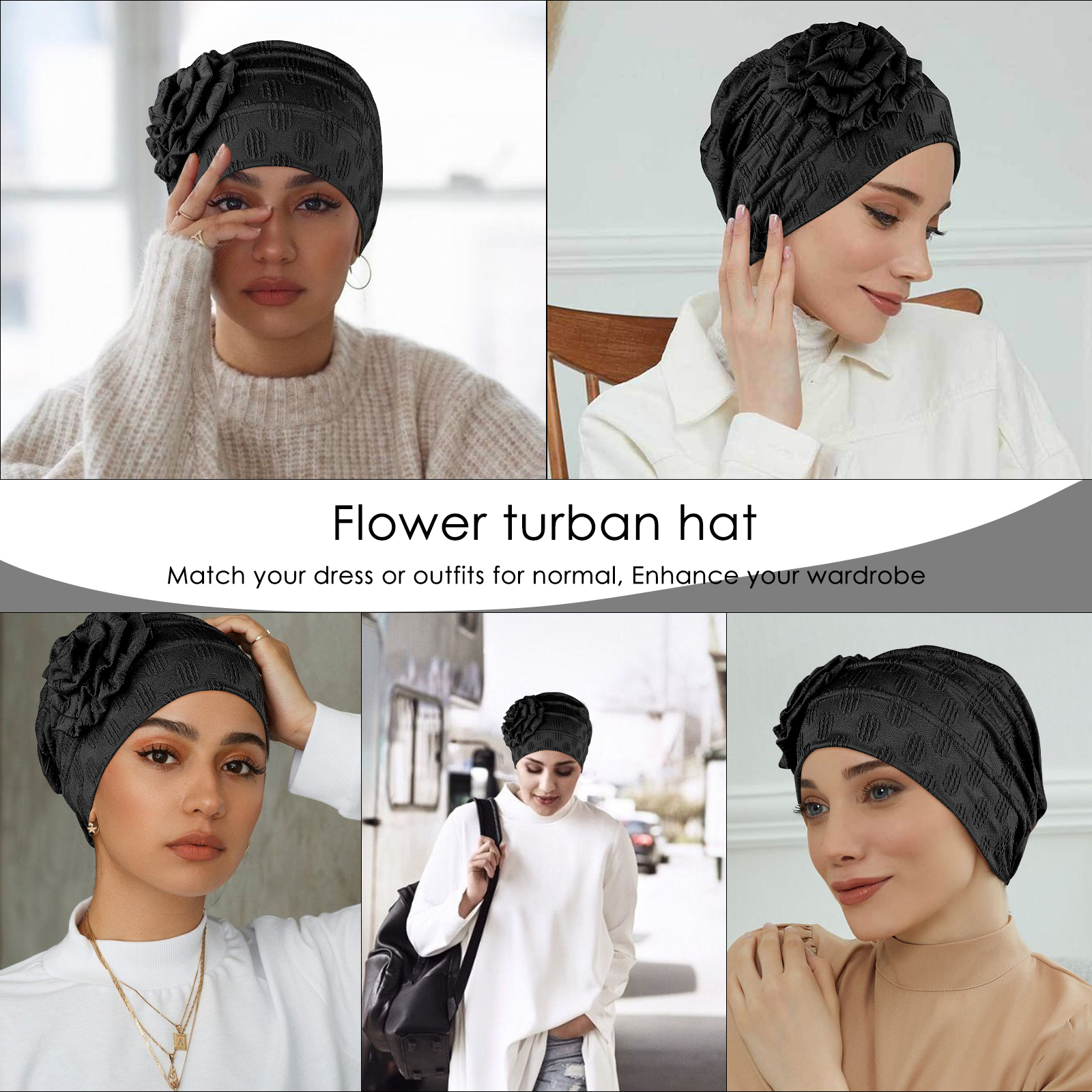 Stretch Turban Hats for Women, Beanie Headscarf Elastic Hats, Fashion Flower Knot Pre Tied Head Cap for Keep Hair Style Cap, Sleep Hat (Black) - Image 4